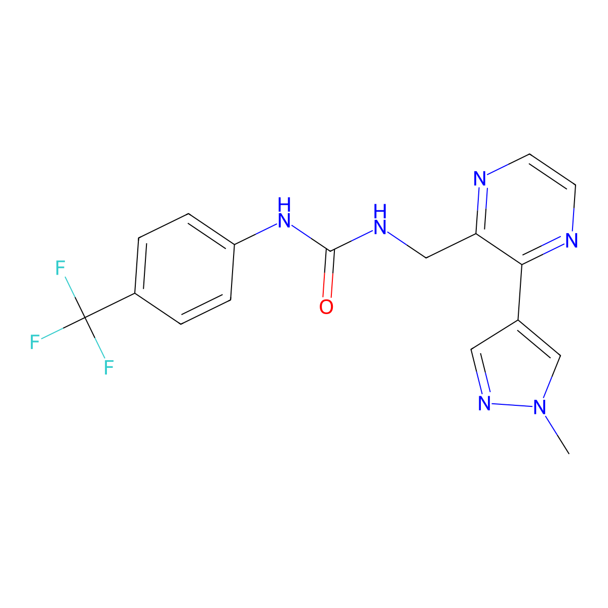 1-((3-(1-methyl-1H-pyrazol-4-yl)pyrazin-2-yl)methyl)-3-(4-(trifluoromethyl)phenyl)urea molecular structure, CAS 2034230-69-6