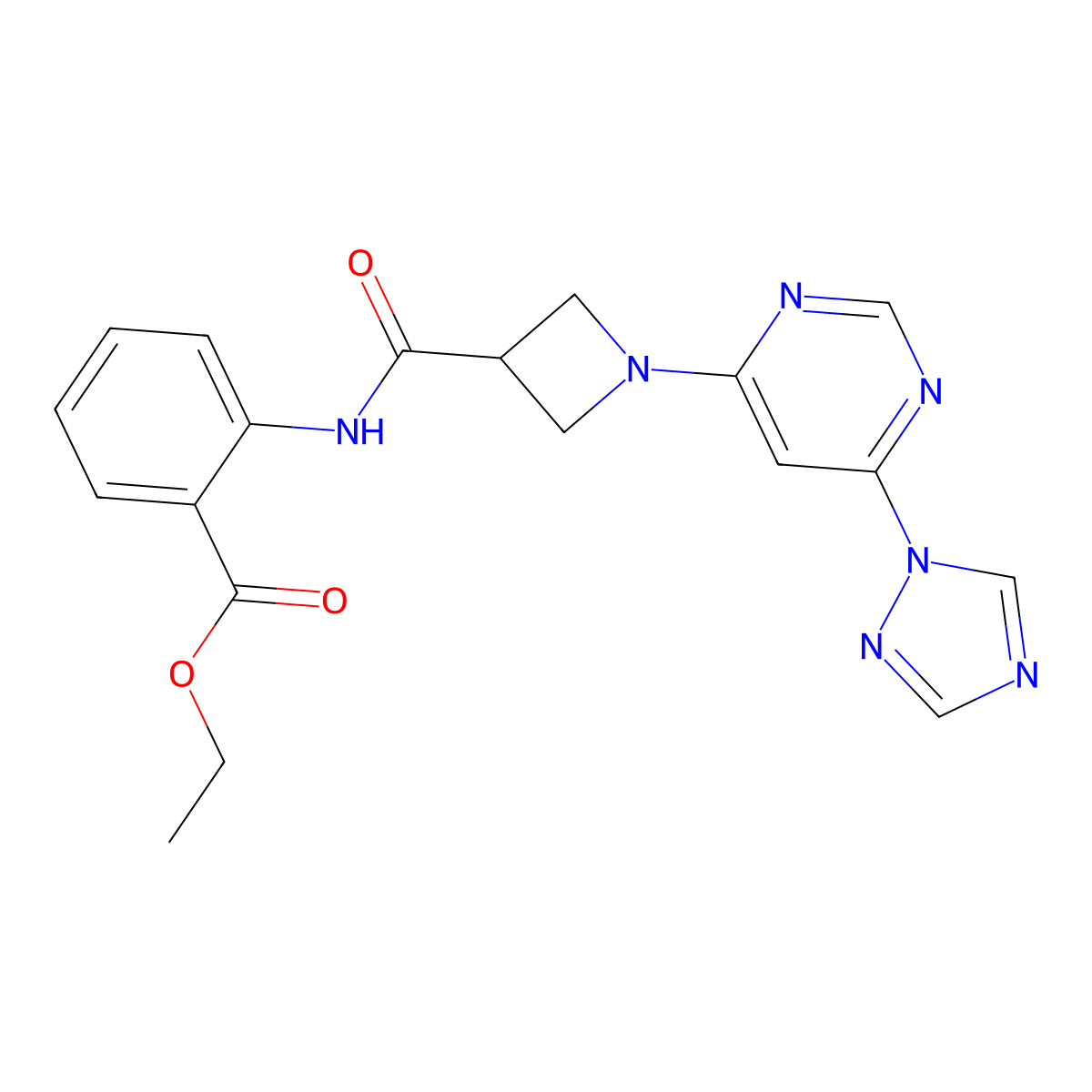 ethyl 2-(1-(6-(1H-1,2,4-triazol-1-yl)pyrimidin-4-yl)azetidine-3-carboxamido)benzoate molecular structure, CAS 2034230-72-1