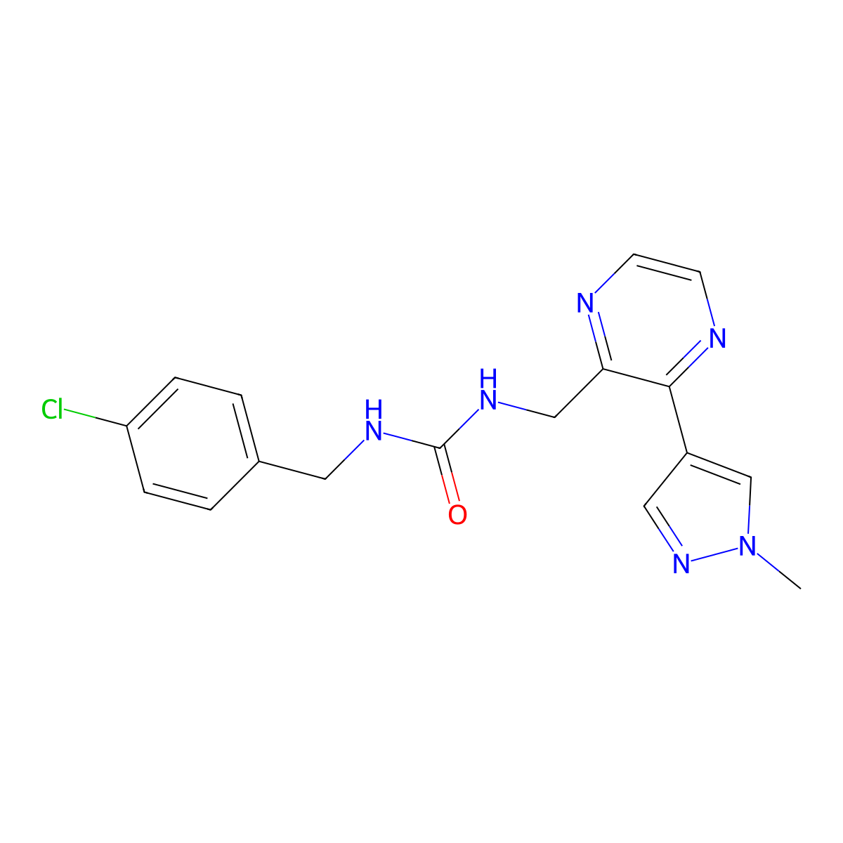 1-(4-chlorobenzyl)-3-((3-(1-methyl-1H-pyrazol-4-yl)pyrazin-2-yl)methyl)urea molecular structure, CAS 2034230-73-2