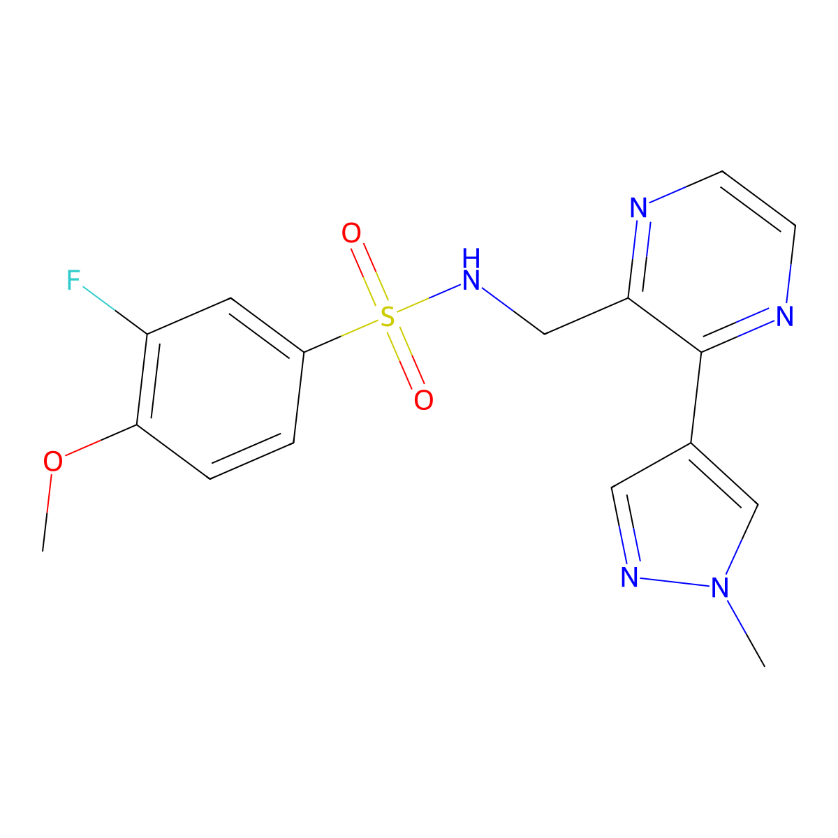 3-fluoro-4-methoxy-N-((3-(1-methyl-1H-pyrazol-4-yl)pyrazin-2-yl)methyl)benzenesulfonamide molecular structure, CAS 2034230-77-6