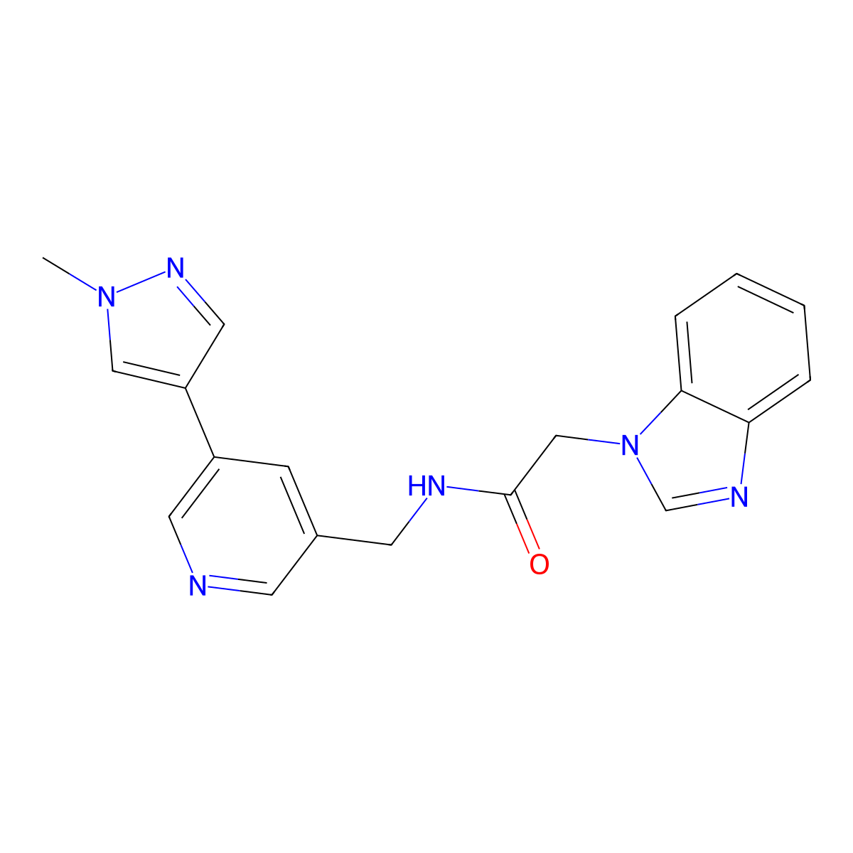 2-(1H-benzo[d]imidazol-1-yl)-N-((5-(1-methyl-1H-pyrazol-4-yl)pyridin-3-yl)methyl)acetamide molecular structure, CAS 2034230-78-7