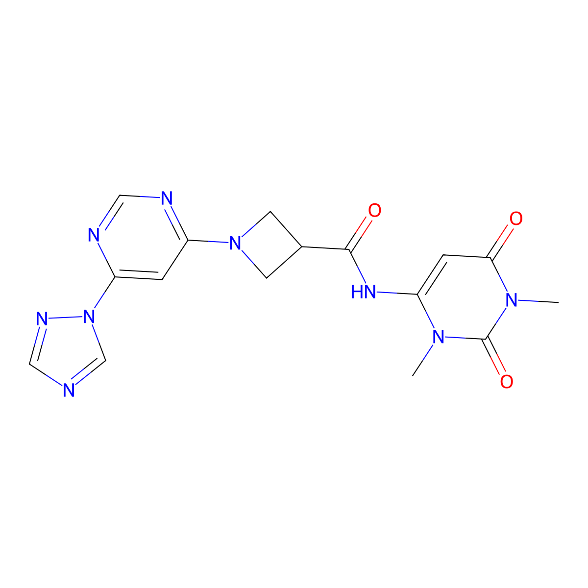 1-(6-(1H-1,2,4-triazol-1-yl)pyrimidin-4-yl)-N-(1,3-dimethyl-2,6-dioxo-1,2,3,6-tetrahydropyrimidin-4-yl)azetidine-3-carboxamide molecular structure, CAS 2034230-89-0