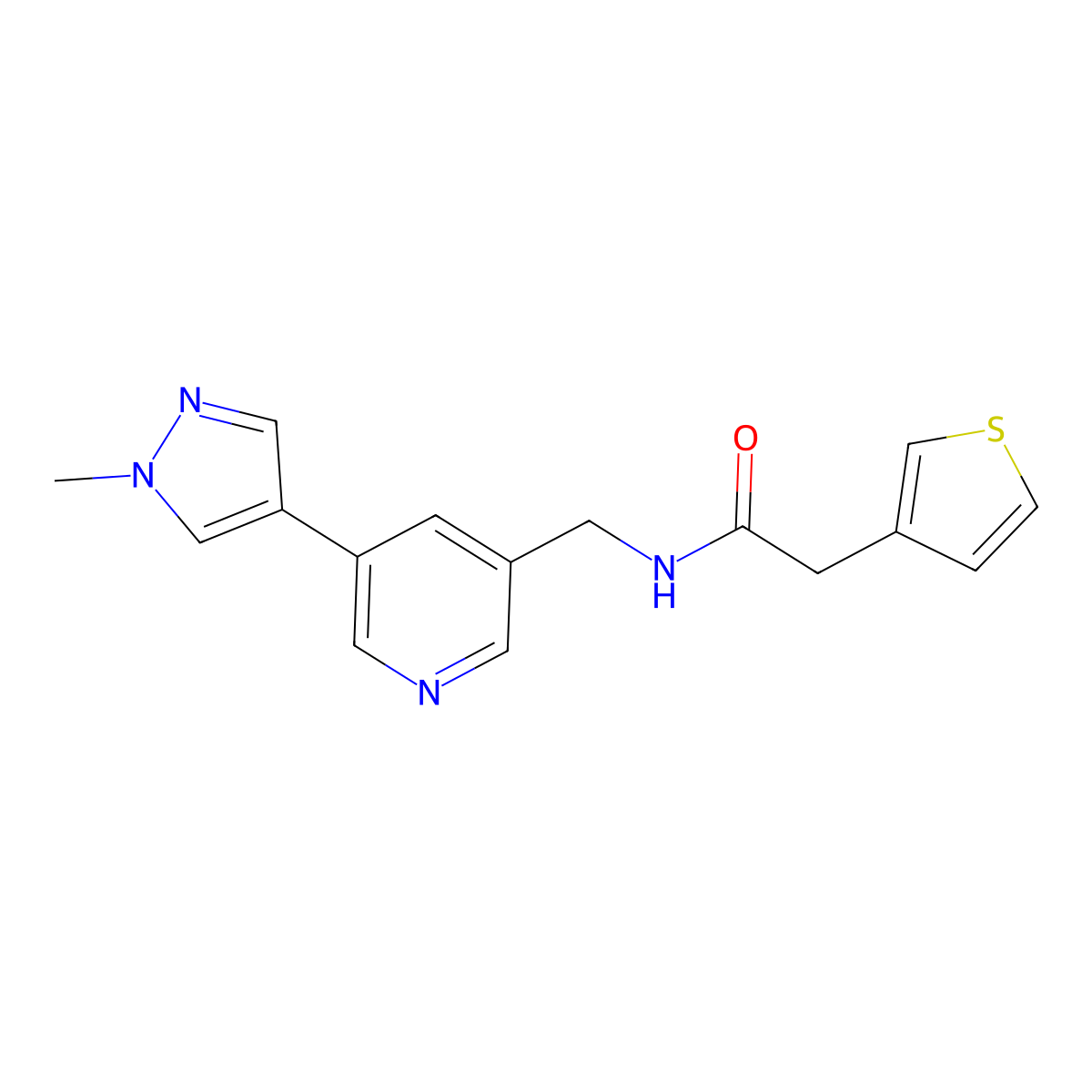 N-((5-(1-methyl-1H-pyrazol-4-yl)pyridin-3-yl)methyl)-2-(thiophen-3-yl)acetamide molecular structure, CAS 2034230-98-1