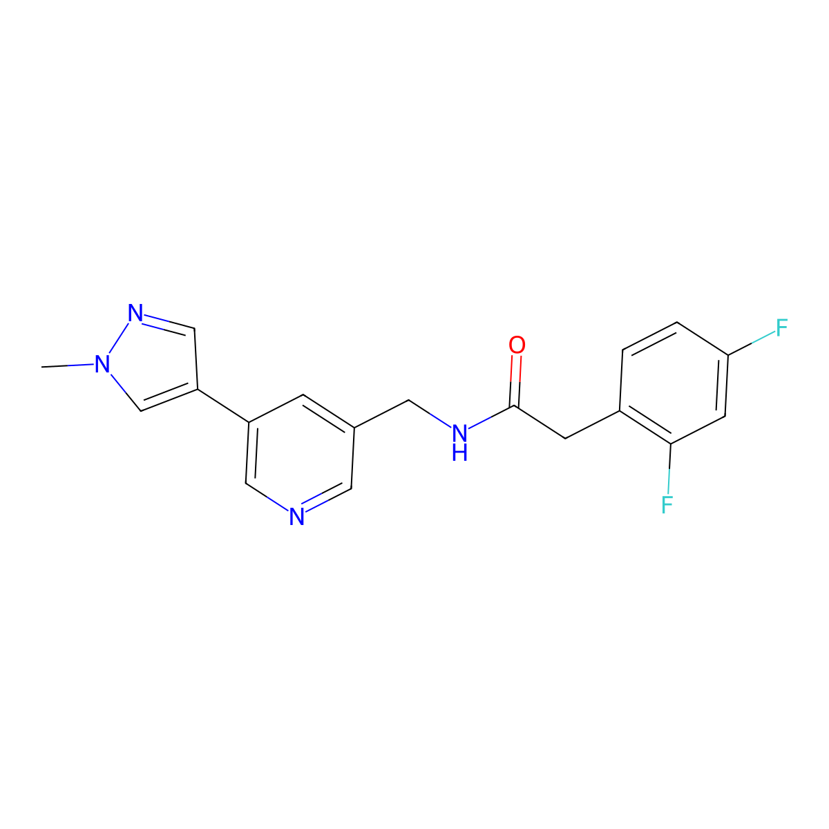2-(2,4-difluorophenyl)-N-((5-(1-methyl-1H-pyrazol-4-yl)pyridin-3-yl)methyl)acetamide molecular structure, CAS 2034231-02-0