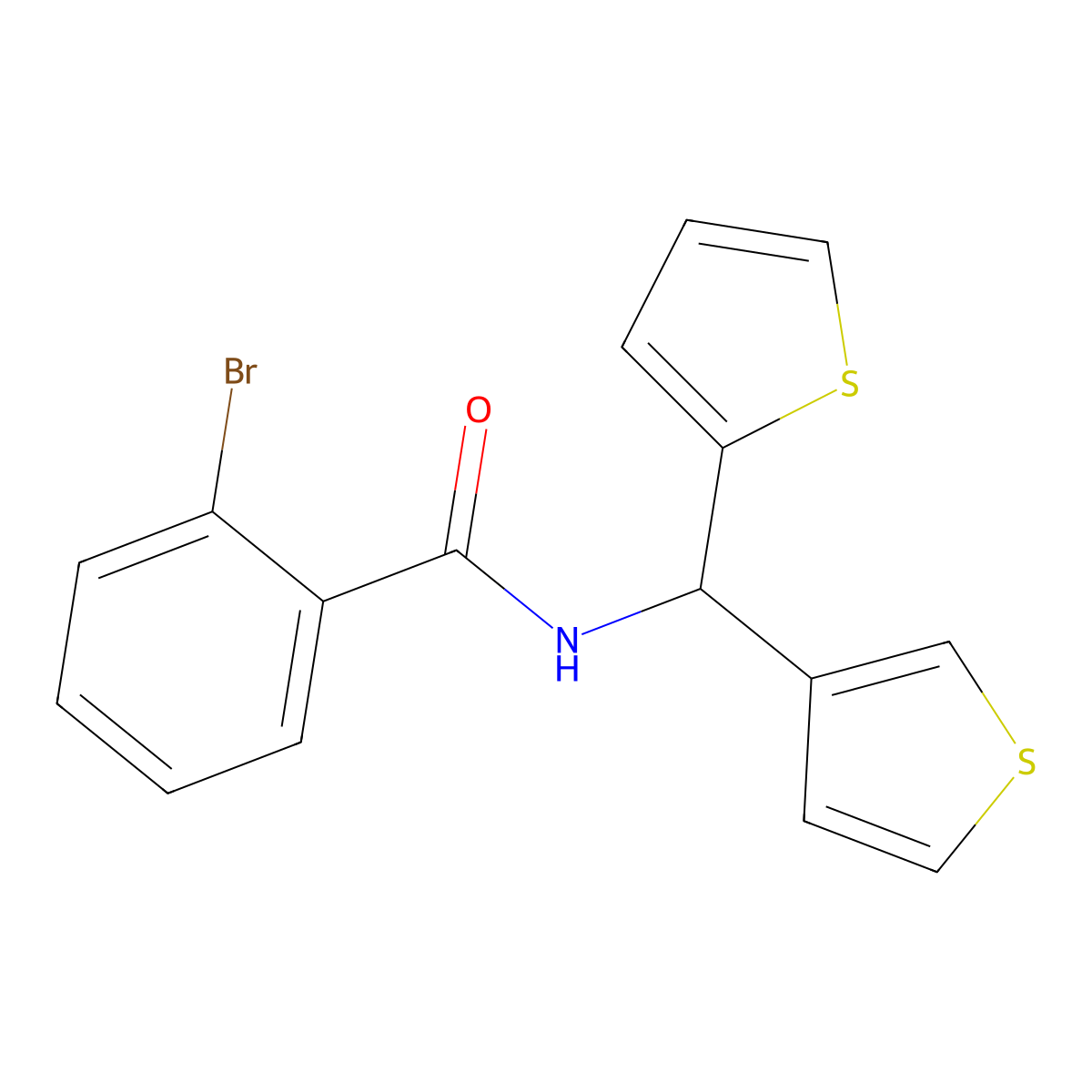 2-bromo-N-(thiophen-2-yl(thiophen-3-yl)methyl)benzamide molecular structure, CAS 2034231-10-0