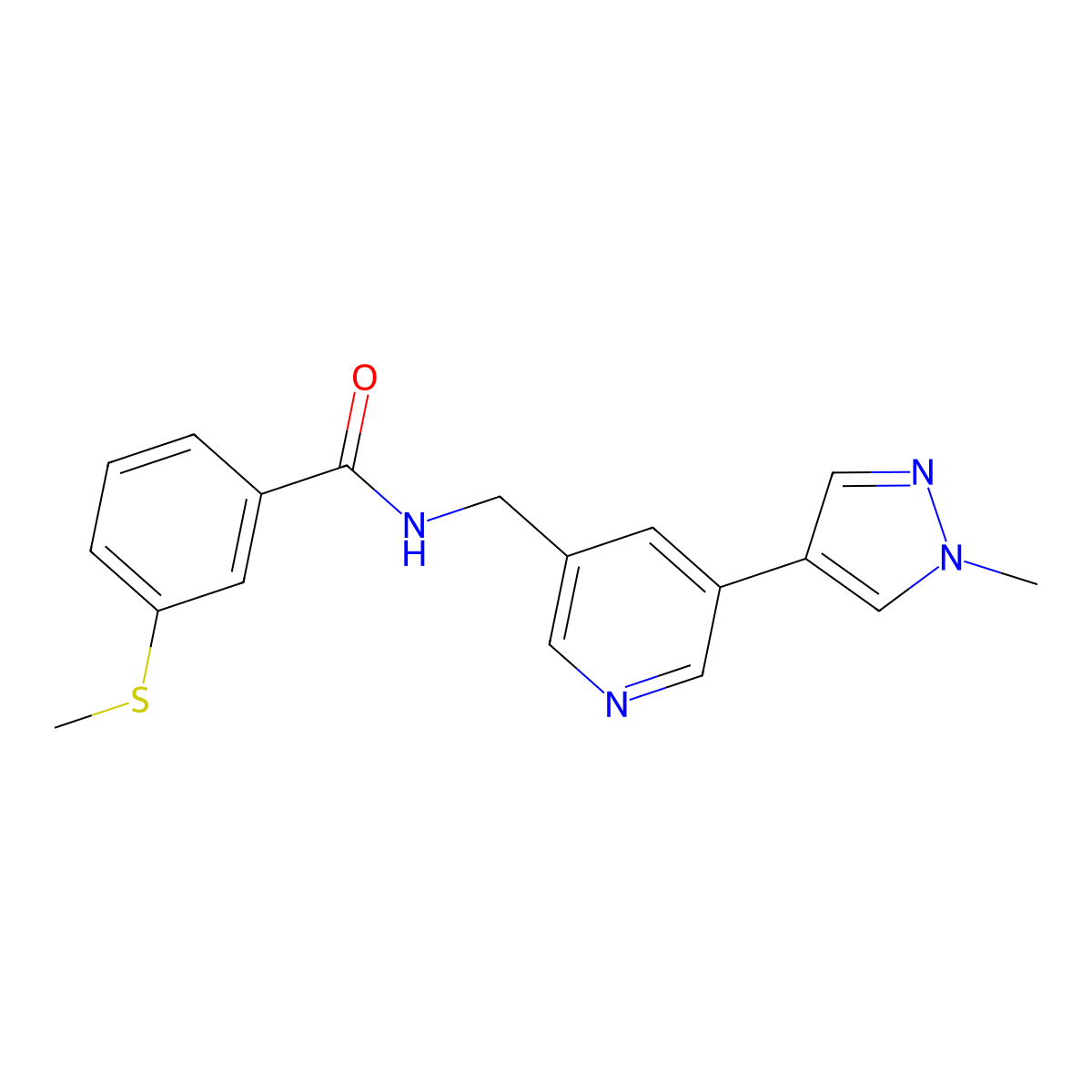 N-((5-(1-methyl-1H-pyrazol-4-yl)pyridin-3-yl)methyl)-3-(methylthio)benzamide molecular structure, CAS 2034231-12-2