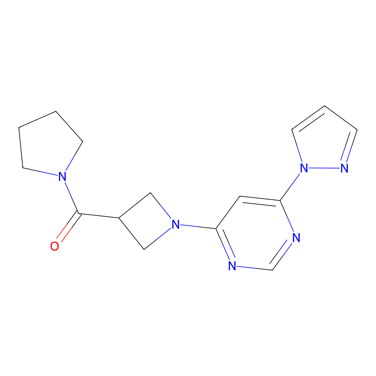 (1-(6-(1H-pyrazol-1-yl)pyrimidin-4-yl)azetidin-3-yl)(pyrrolidin-1-yl)methanone molecular structure, CAS 2034231-17-7