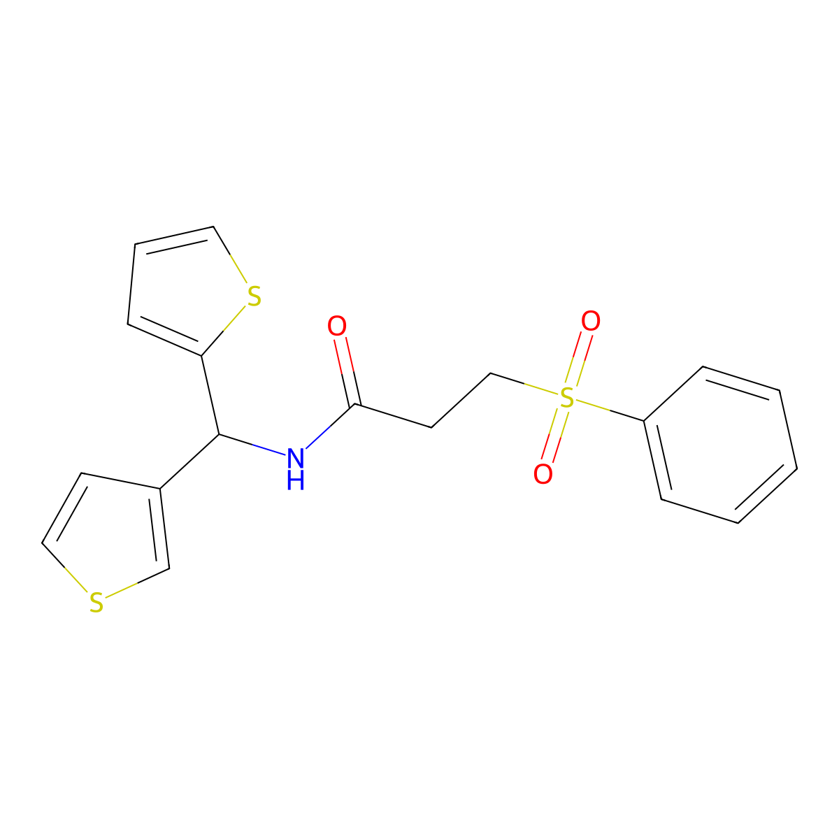 3-(phenylsulfonyl)-N-(thiophen-2-yl(thiophen-3-yl)methyl)propanamide molecular structure, CAS 2034231-19-9