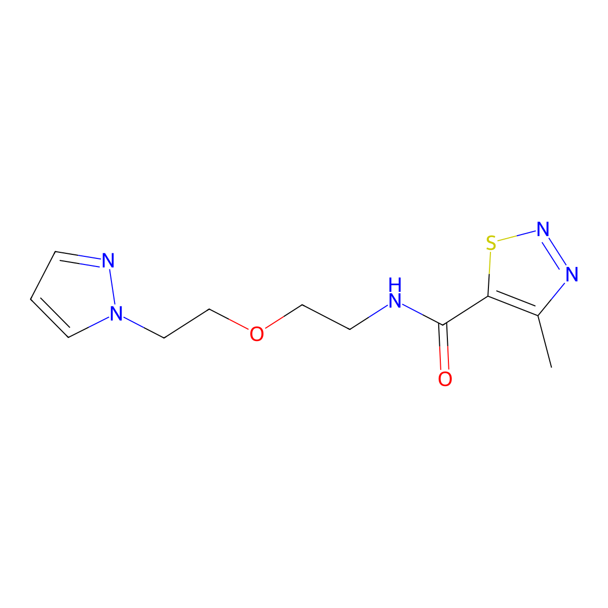N-(2-(2-(1H-pyrazol-1-yl)ethoxy)ethyl)-4-methyl-1,2,3-thiadiazole-5-carboxamide molecular structure, CAS 2034231-31-5