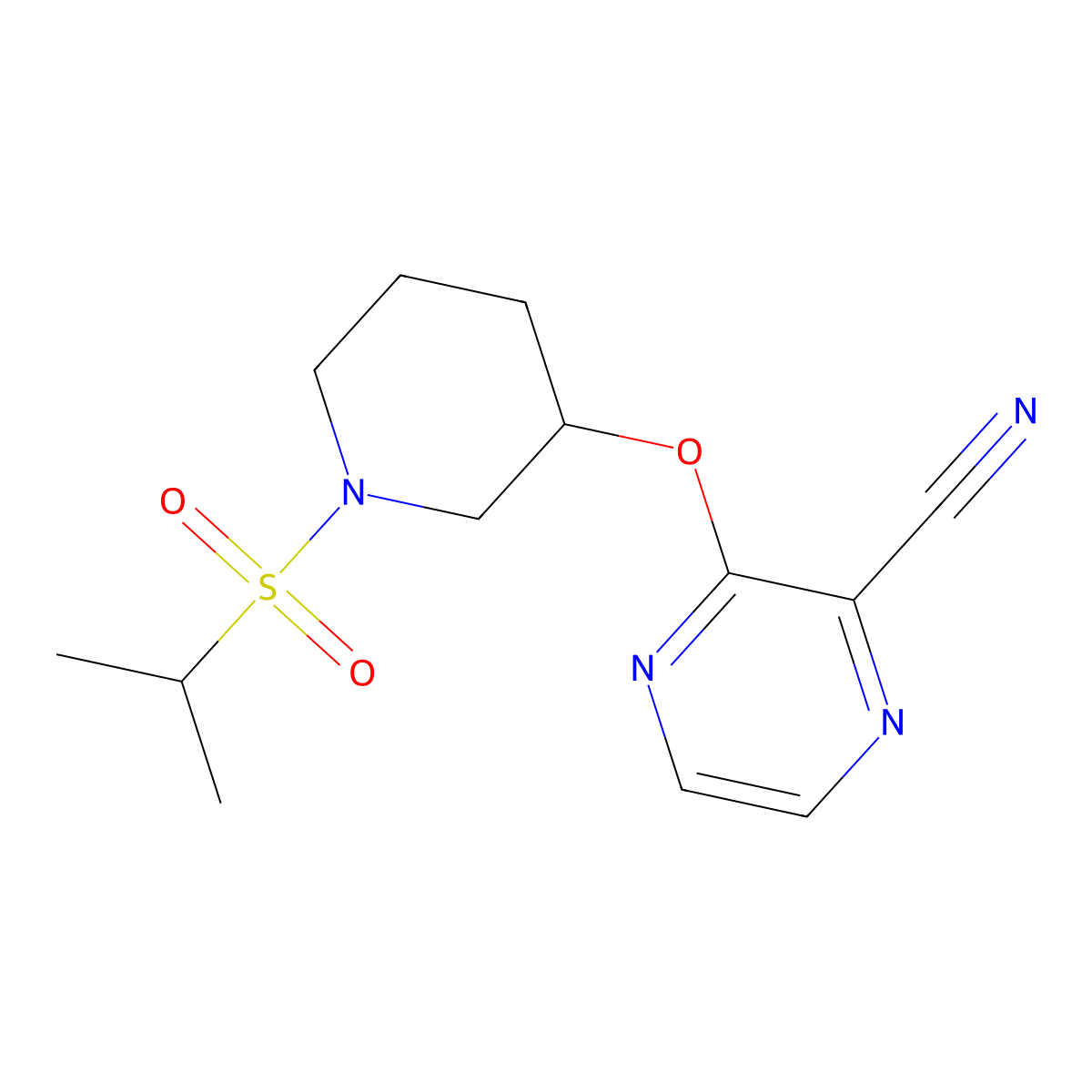 3-((1-(Isopropylsulfonyl)piperidin-3-yl)oxy)pyrazine-2-carbonitrile molecular structure, CAS 2034231-37-1