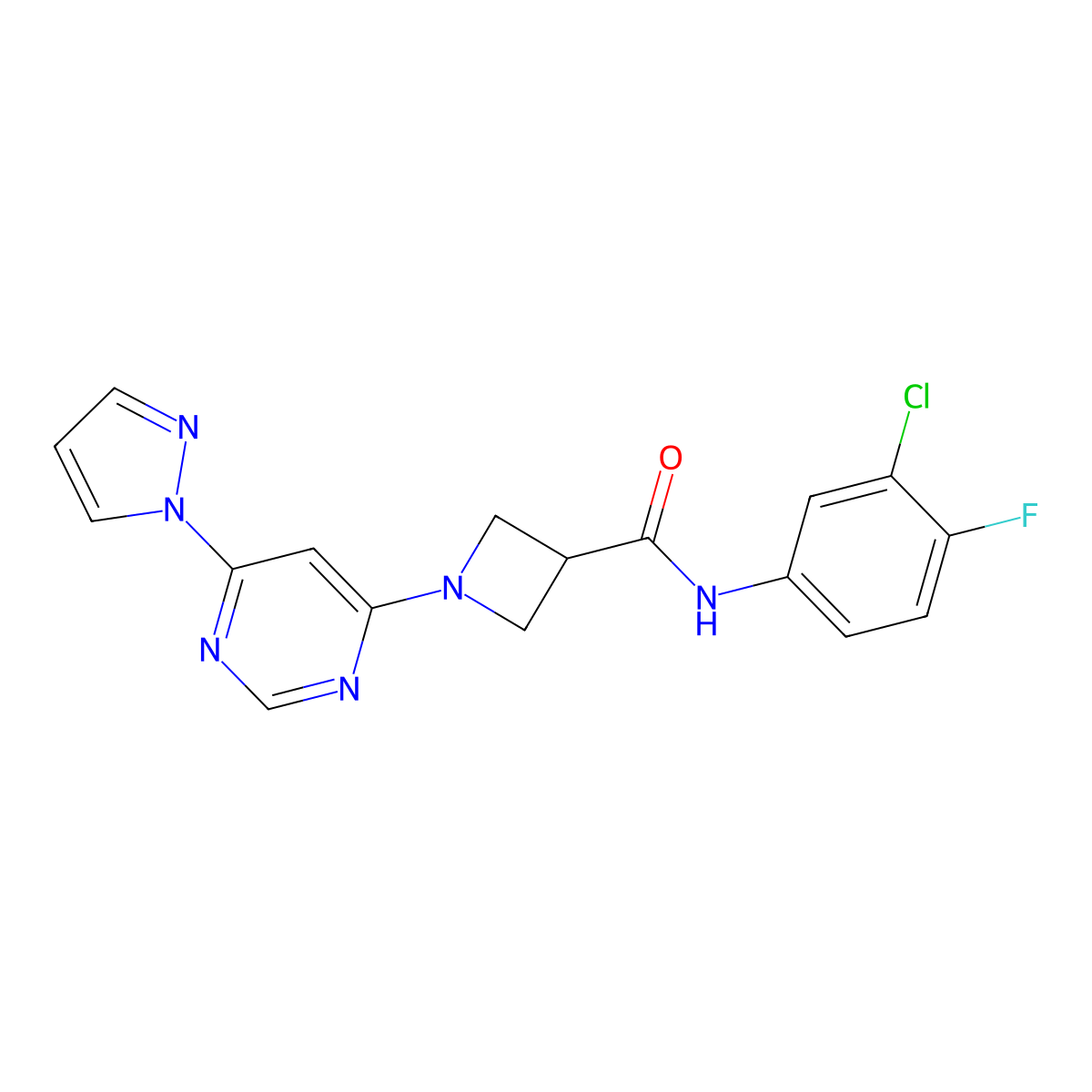 1-(6-(1H-pyrazol-1-yl)pyrimidin-4-yl)-N-(3-chloro-4-fluorophenyl)azetidine-3-carboxamide molecular structure, CAS 2034231-39-3