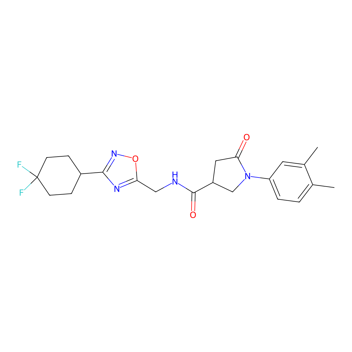 N-((3-(4,4-difluorocyclohexyl)-1,2,4-oxadiazol-5-yl)methyl)-1-(3,4-dimethylphenyl)-5-oxopyrrolidine-3-carboxamide molecular structure, CAS 2034231-40-6