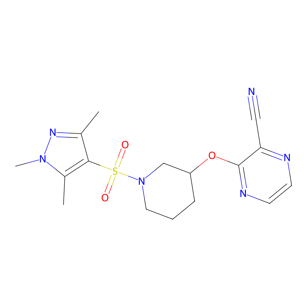 3-({1-[(1,3,5-trimethyl-1H-pyrazol-4-yl)sulfonyl]piperidin-3-yl}oxy)pyrazine-2-carbonitrile molecular structure, CAS 2034231-55-3