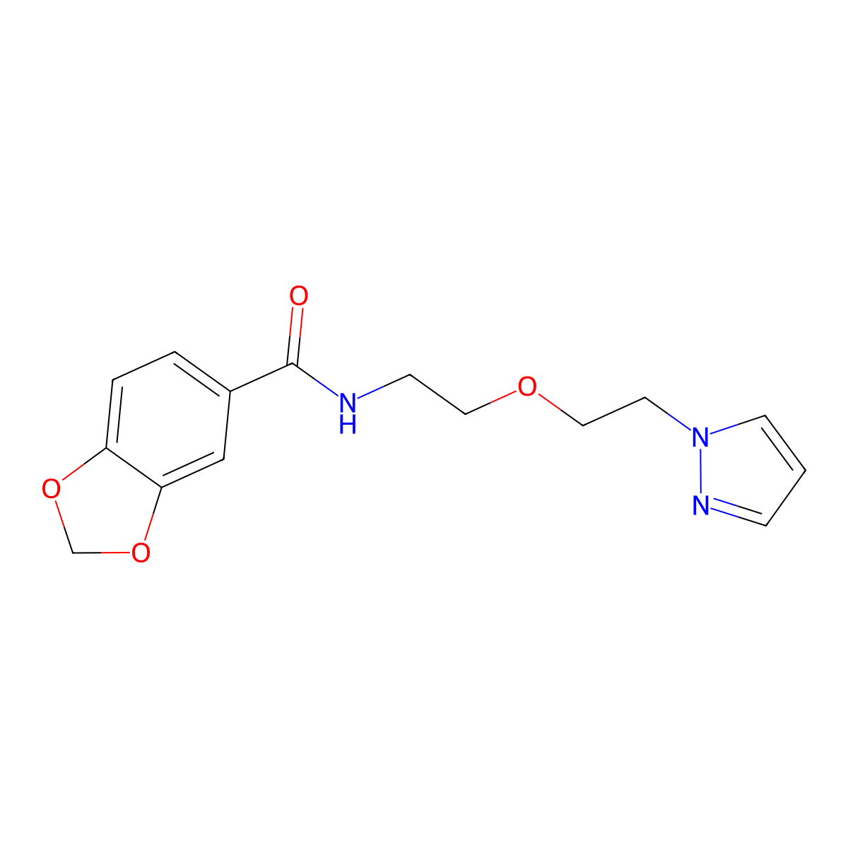 N-(2-(2-(1H-pyrazol-1-yl)ethoxy)ethyl)benzo[d][1,3]dioxole-5-carboxamide molecular structure, CAS 2034231-60-0