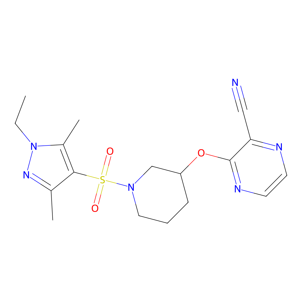 3-({1-[(1-ethyl-3,5-dimethyl-1H-pyrazol-4-yl)sulfonyl]piperidin-3-yl}oxy)pyrazine-2-carbonitrile molecular structure, CAS 2034231-61-1