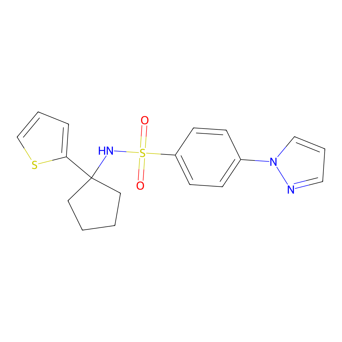 4-(1H-pyrazol-1-yl)-N-(1-(thiophen-2-yl)cyclopentyl)benzenesulfonamide molecular structure, CAS 2034231-62-2