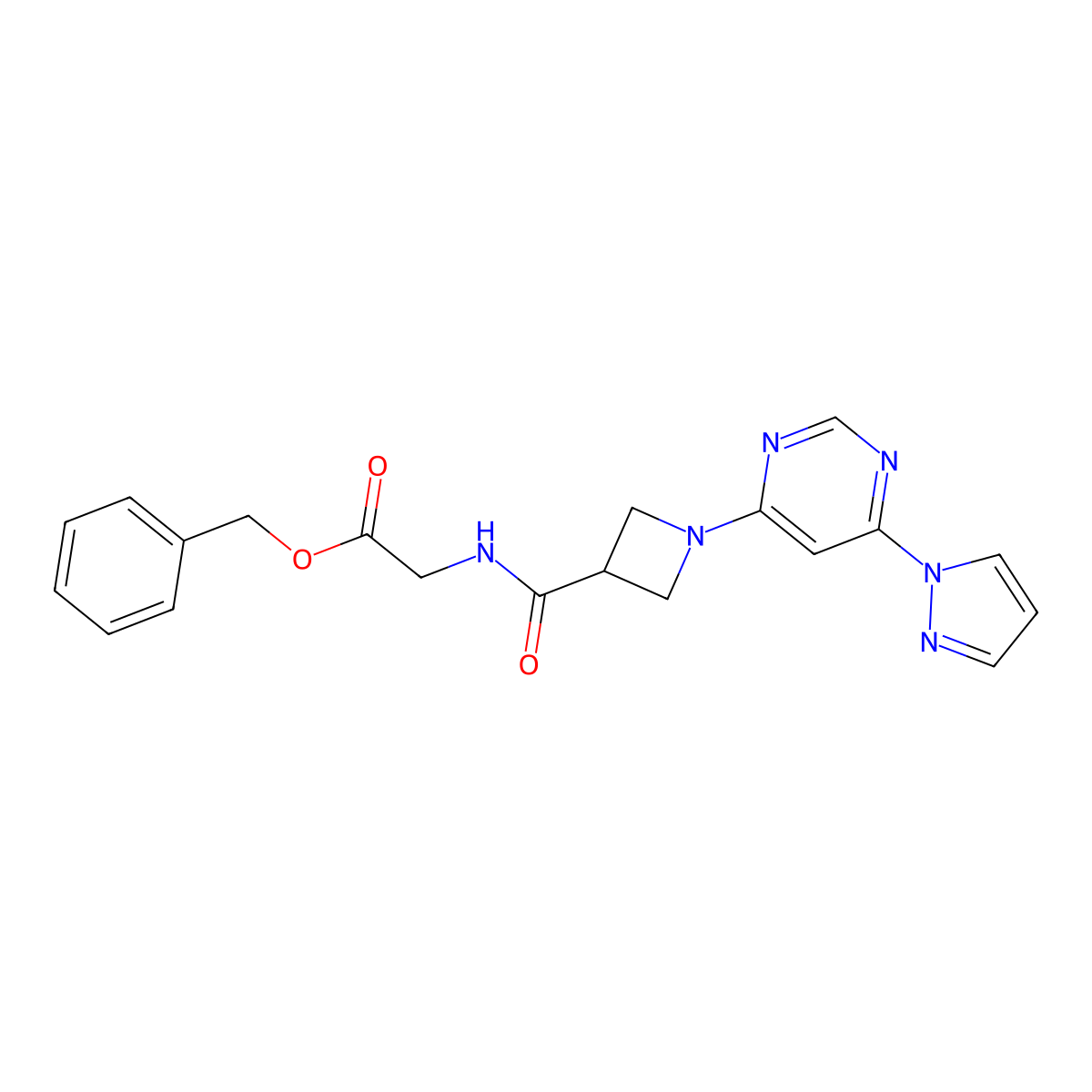 benzyl 2-(1-(6-(1H-pyrazol-1-yl)pyrimidin-4-yl)azetidine-3-carboxamido)acetate molecular structure, CAS 2034231-65-5