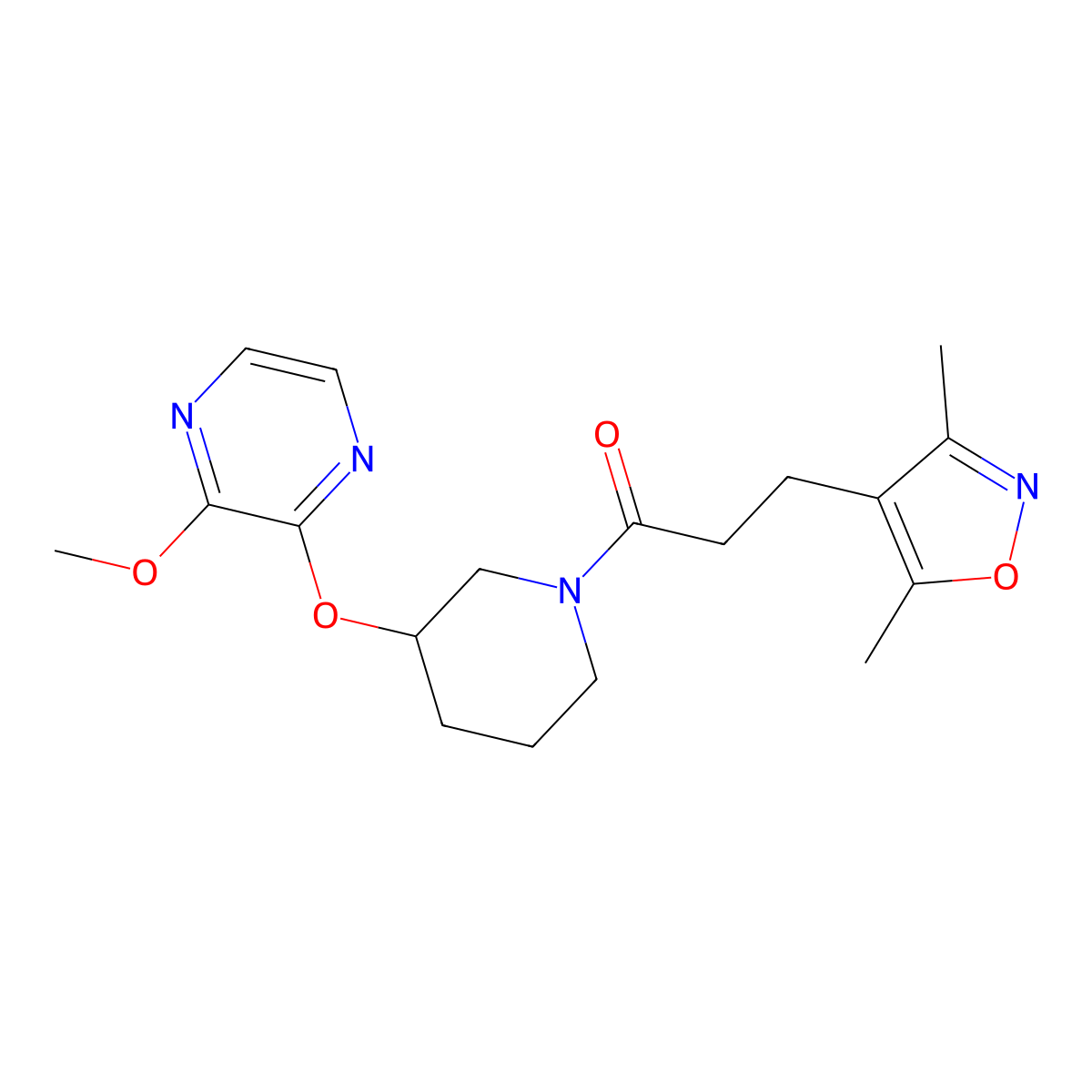 3-(3,5-Dimethylisoxazol-4-yl)-1-(3-((3-methoxypyrazin-2-yl)oxy)piperidin-1-yl)propan-1-one molecular structure, CAS 2034231-69-9