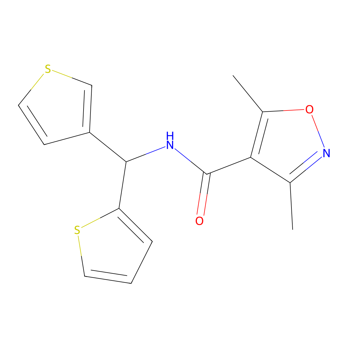 3,5-dimethyl-N-(thiophen-2-yl(thiophen-3-yl)methyl)isoxazole-4-carboxamide molecular structure, CAS 2034231-70-2