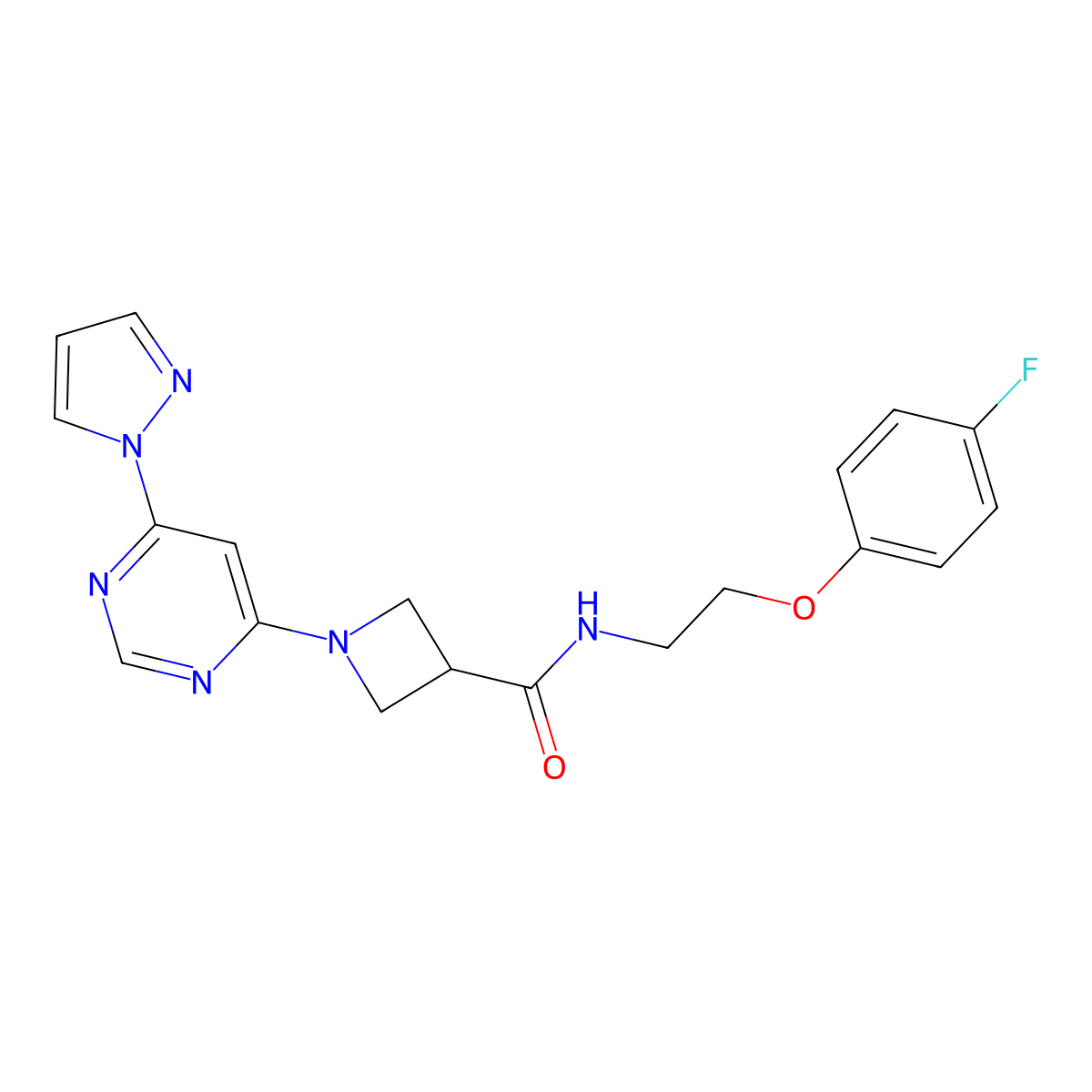 1-(6-(1H-pyrazol-1-yl)pyrimidin-4-yl)-N-(2-(4-fluorophenoxy)ethyl)azetidine-3-carboxamide molecular structure, CAS 2034231-71-3