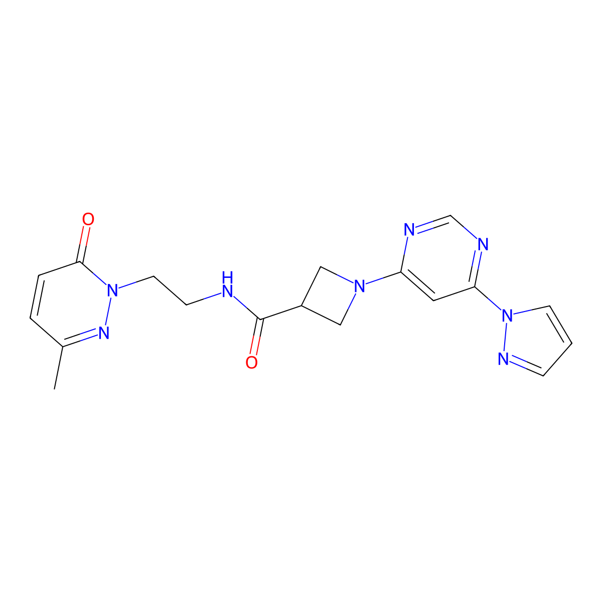 1-(6-(1H-pyrazol-1-yl)pyrimidin-4-yl)-N-(2-(3-methyl-6-oxopyridazin-1(6H)-yl)ethyl)azetidine-3-carboxamide molecular structure, CAS 2034231-78-0