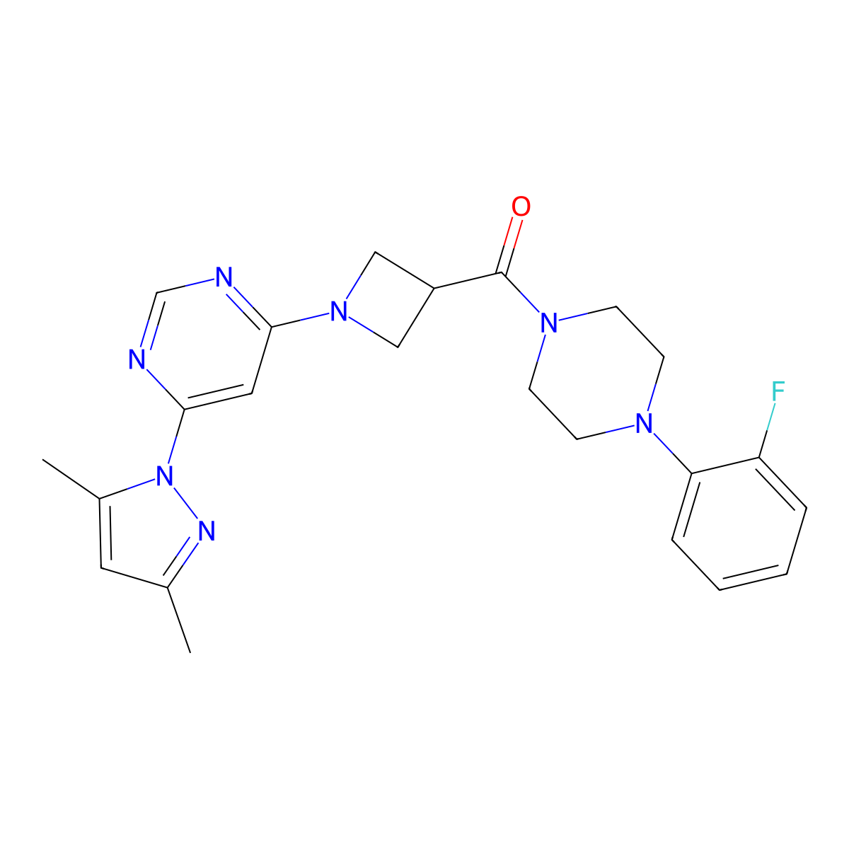 (1-(6-(3,5-dimethyl-1H-pyrazol-1-yl)pyrimidin-4-yl)azetidin-3-yl)(4-(2-fluorophenyl)piperazin-1-yl)methanone molecular structure, CAS 2034231-87-1