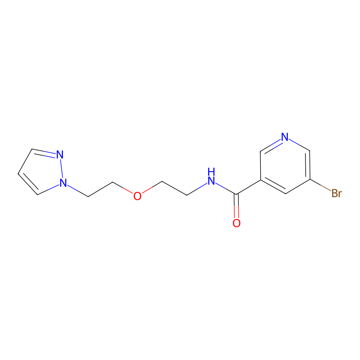 N-(2-(2-(1H-pyrazol-1-yl)ethoxy)ethyl)-5-bromonicotinamide molecular structure, CAS 2034231-88-2