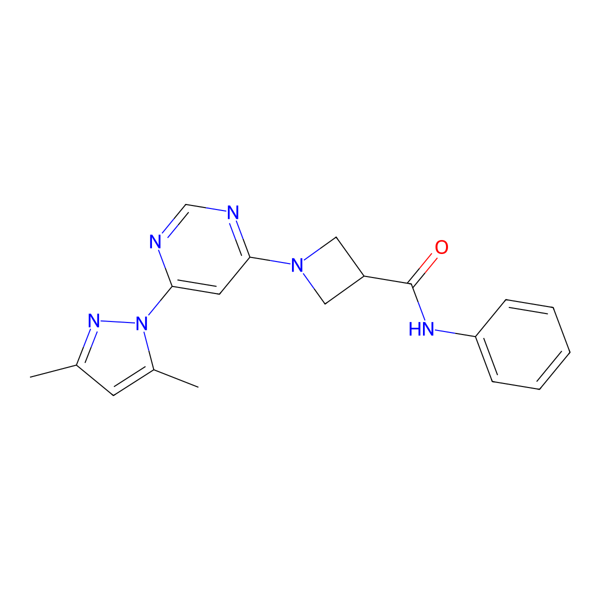 1-[6-(3,5-dimethyl-1H-pyrazol-1-yl)pyrimidin-4-yl]-N-phenylazetidine-3-carboxamide molecular structure, CAS 2034231-97-3