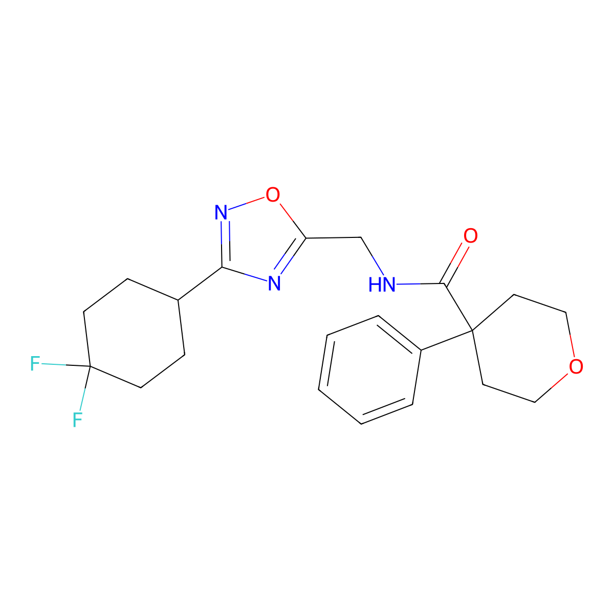N-((3-(4,4-difluorocyclohexyl)-1,2,4-oxadiazol-5-yl)methyl)-4-phenyltetrahydro-2H-pyran-4-carboxamide molecular structure, CAS 2034231-99-5