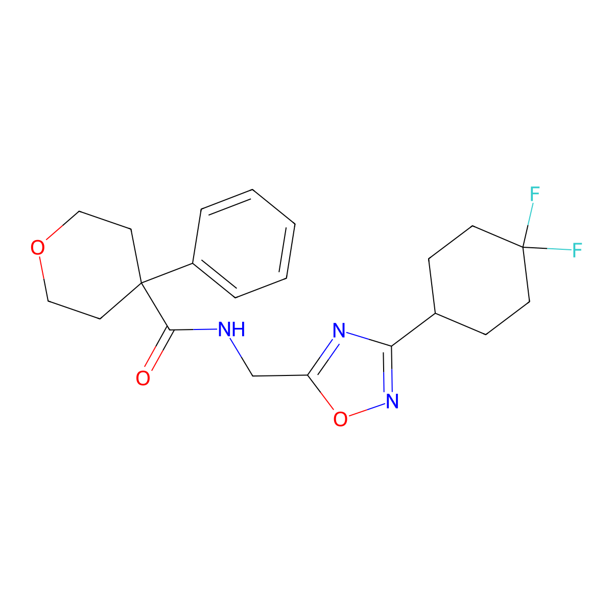 N-((3-(4,4-difluorocyclohexyl)-1,2,4-oxadiazol-5-yl)methyl)-4-phenyltetrahydro-2H-pyran-4-carboxamide molecular structure, CAS 2034231-99-5