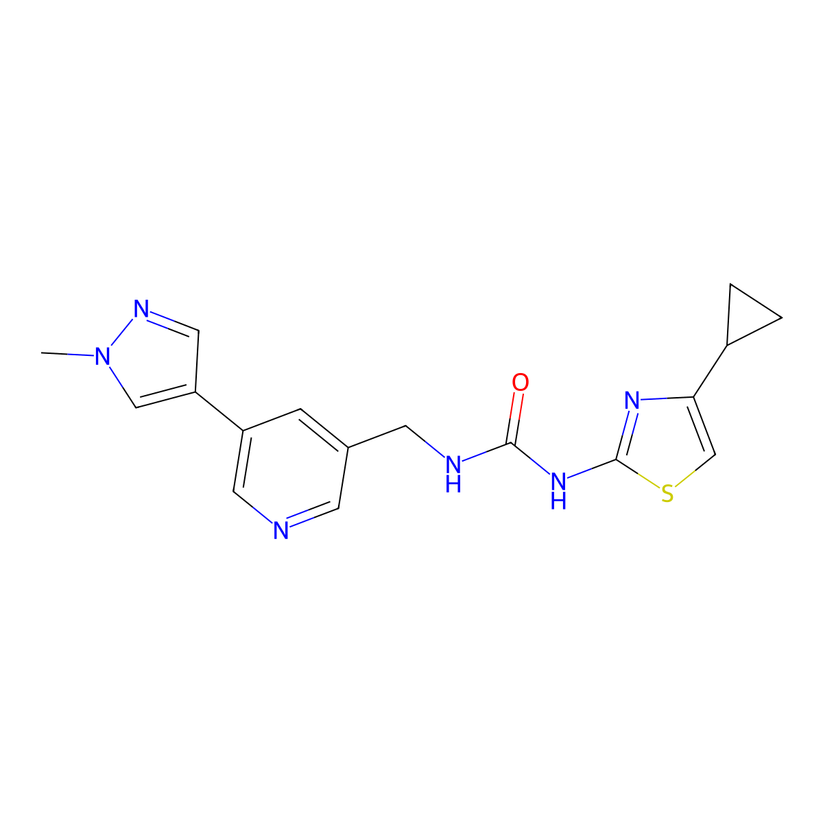 1-(4-cyclopropylthiazol-2-yl)-3-((5-(1-methyl-1H-pyrazol-4-yl)pyridin-3-yl)methyl)urea molecular structure, CAS 2034232-04-5
