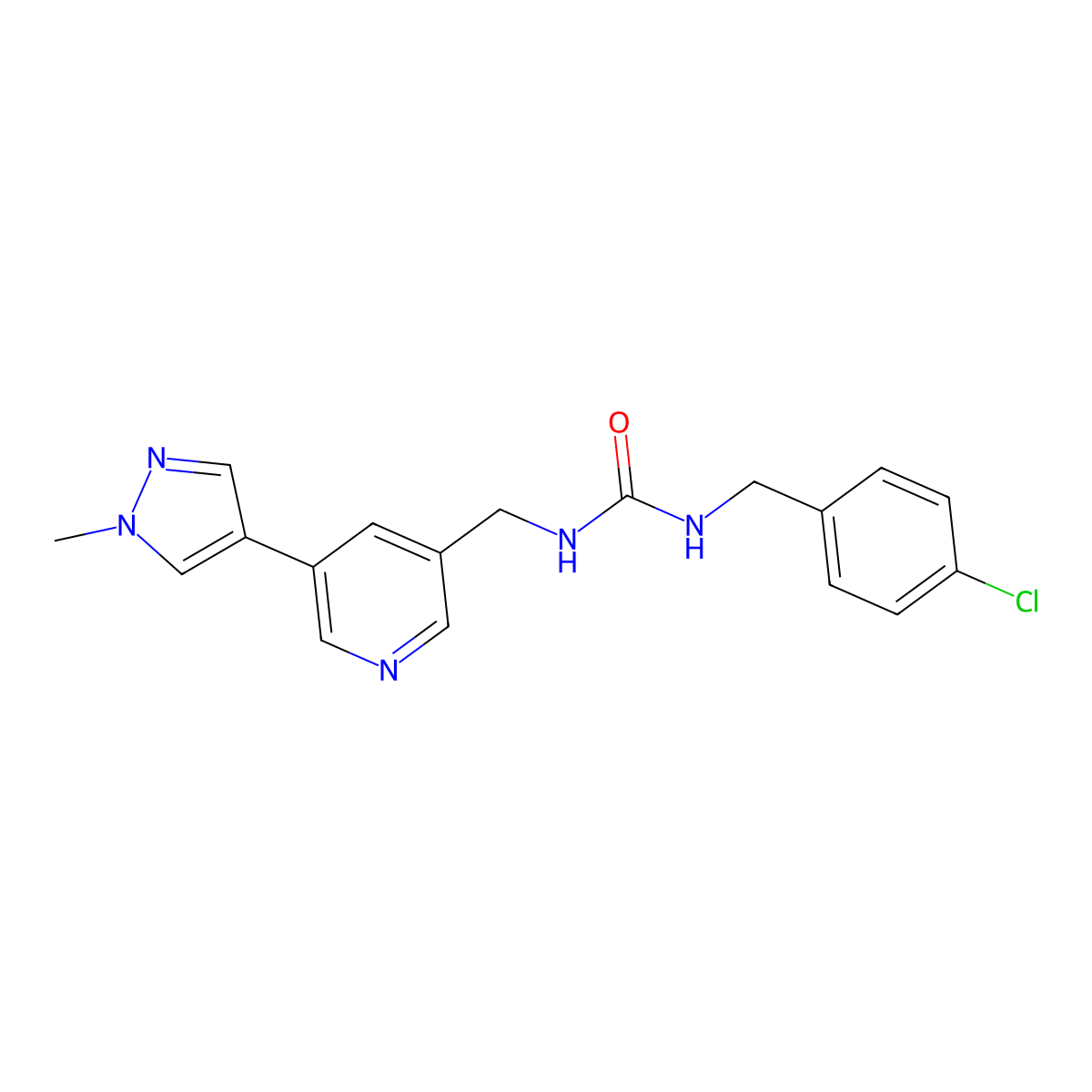 1-(4-chlorobenzyl)-3-((5-(1-methyl-1H-pyrazol-4-yl)pyridin-3-yl)methyl)urea molecular structure, CAS 2034232-12-5