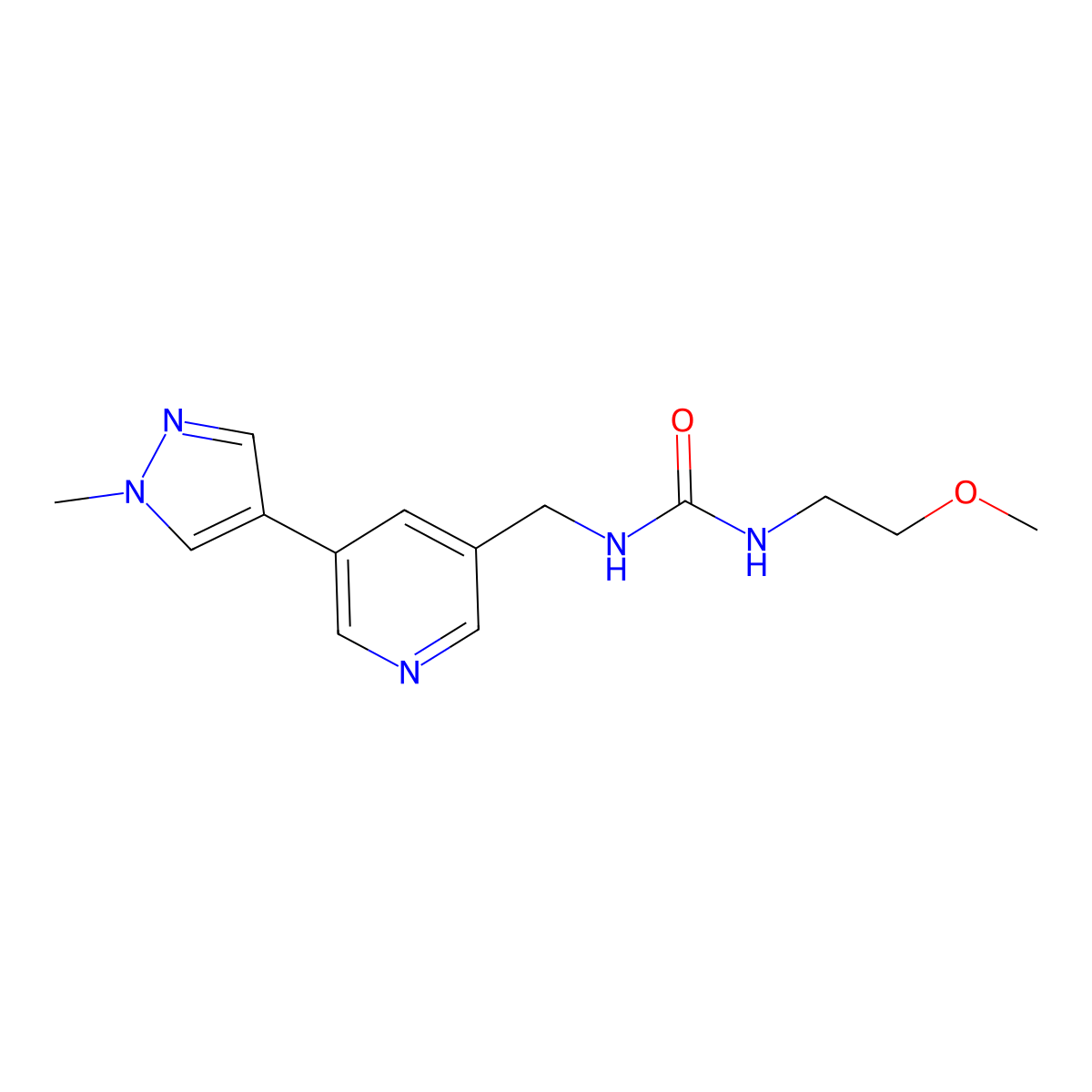 1-(2-methoxyethyl)-3-((5-(1-methyl-1H-pyrazol-4-yl)pyridin-3-yl)methyl)urea molecular structure, CAS 2034232-18-1