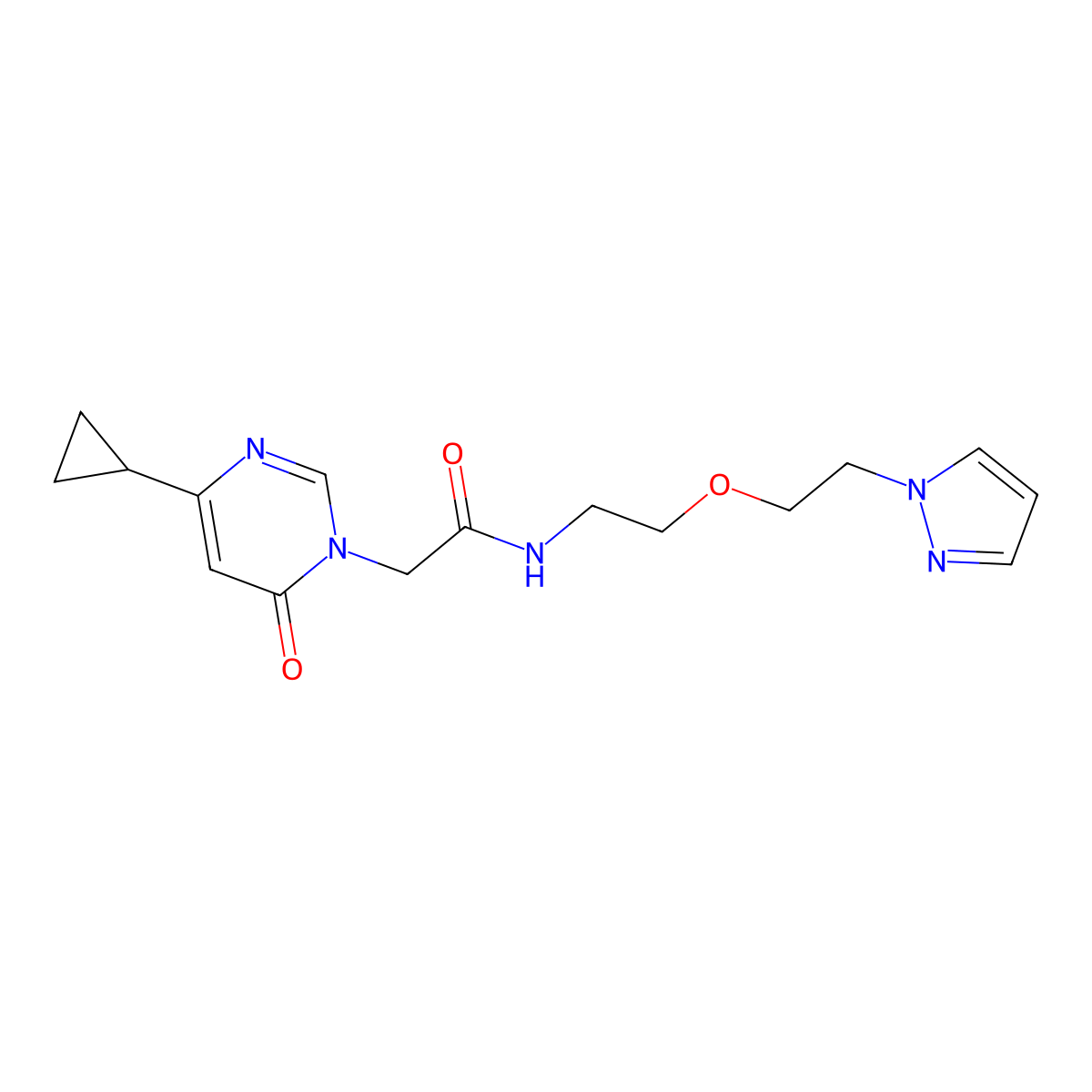 N-(2-(2-(1H-pyrazol-1-yl)ethoxy)ethyl)-2-(4-cyclopropyl-6-oxopyrimidin-1(6H)-yl)acetamide molecular structure, CAS 2034232-20-5