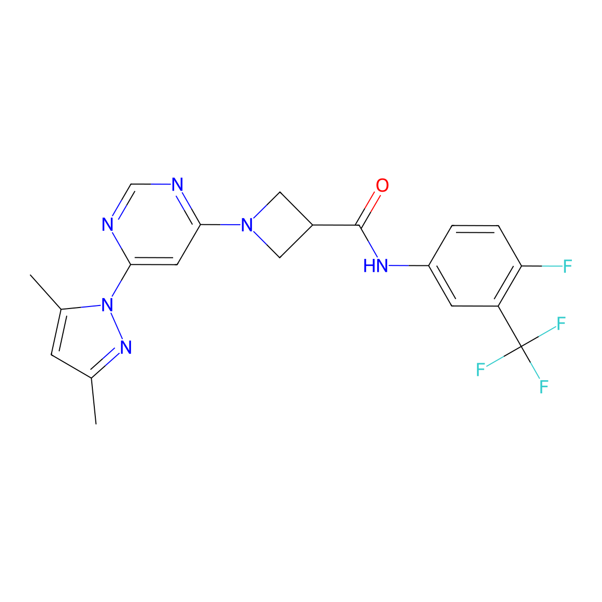 1-(6-(3,5-dimethyl-1H-pyrazol-1-yl)pyrimidin-4-yl)-N-(4-fluoro-3-(trifluoromethyl)phenyl)azetidine-3-carboxamide molecular structure, CAS 2034232-23-8