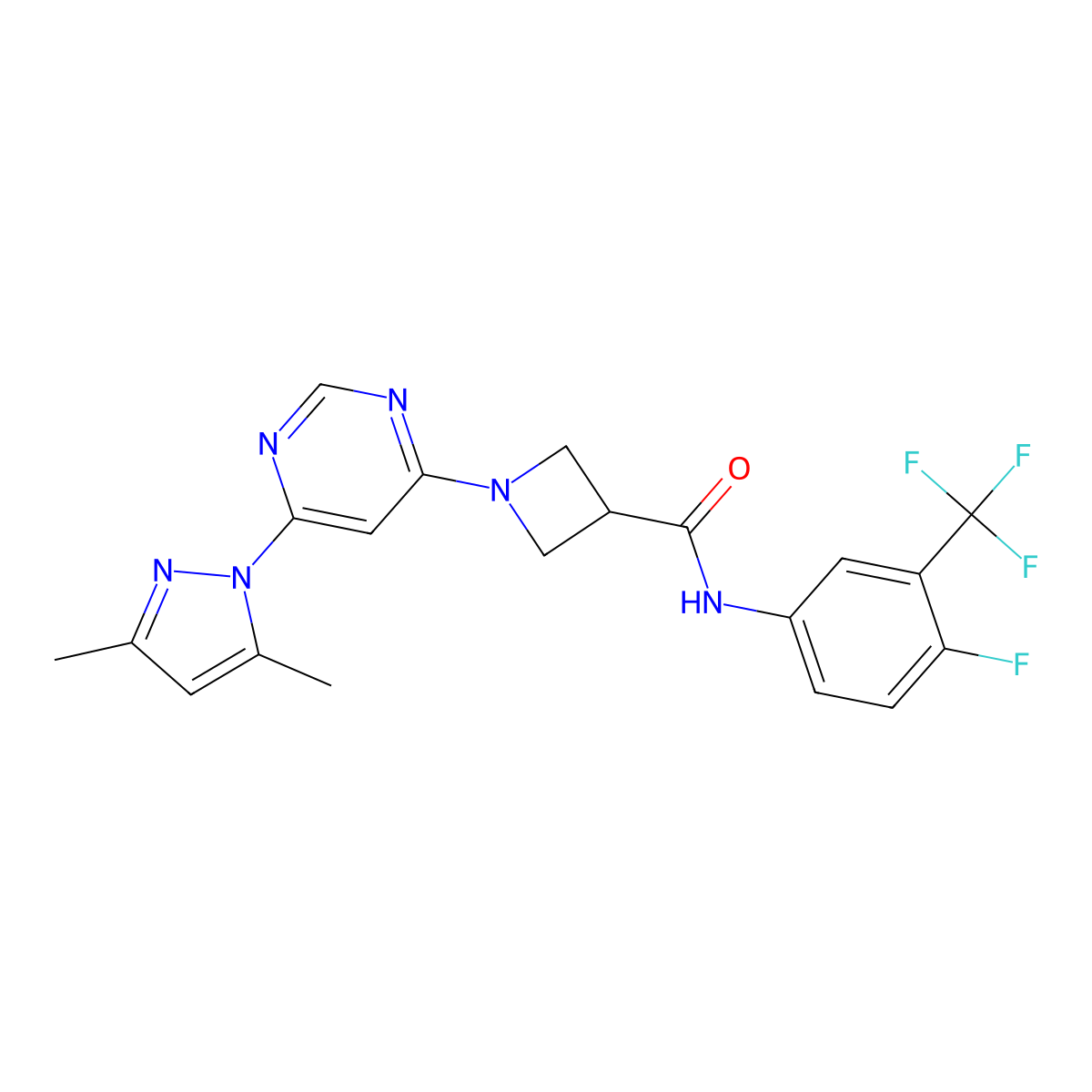 1-(6-(3,5-dimethyl-1H-pyrazol-1-yl)pyrimidin-4-yl)-N-(4-fluoro-3-(trifluoromethyl)phenyl)azetidine-3-carboxamide molecular structure, CAS 2034232-23-8