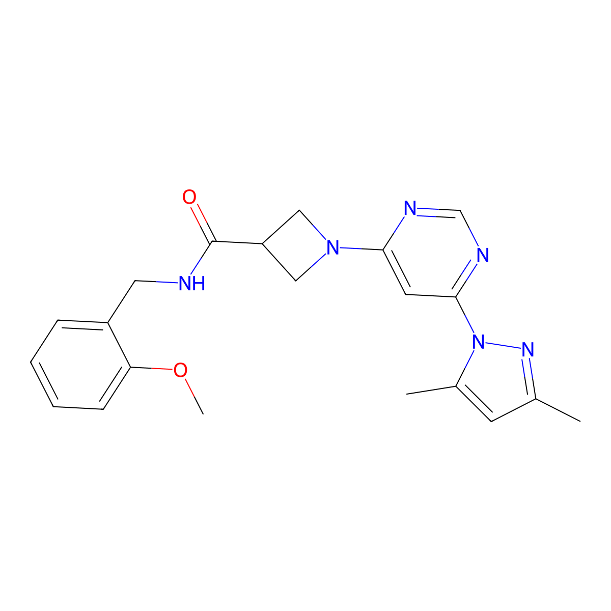 1-(6-(3,5-dimethyl-1H-pyrazol-1-yl)pyrimidin-4-yl)-N-(2-methoxybenzyl)azetidine-3-carboxamide molecular structure, CAS 2034232-28-3