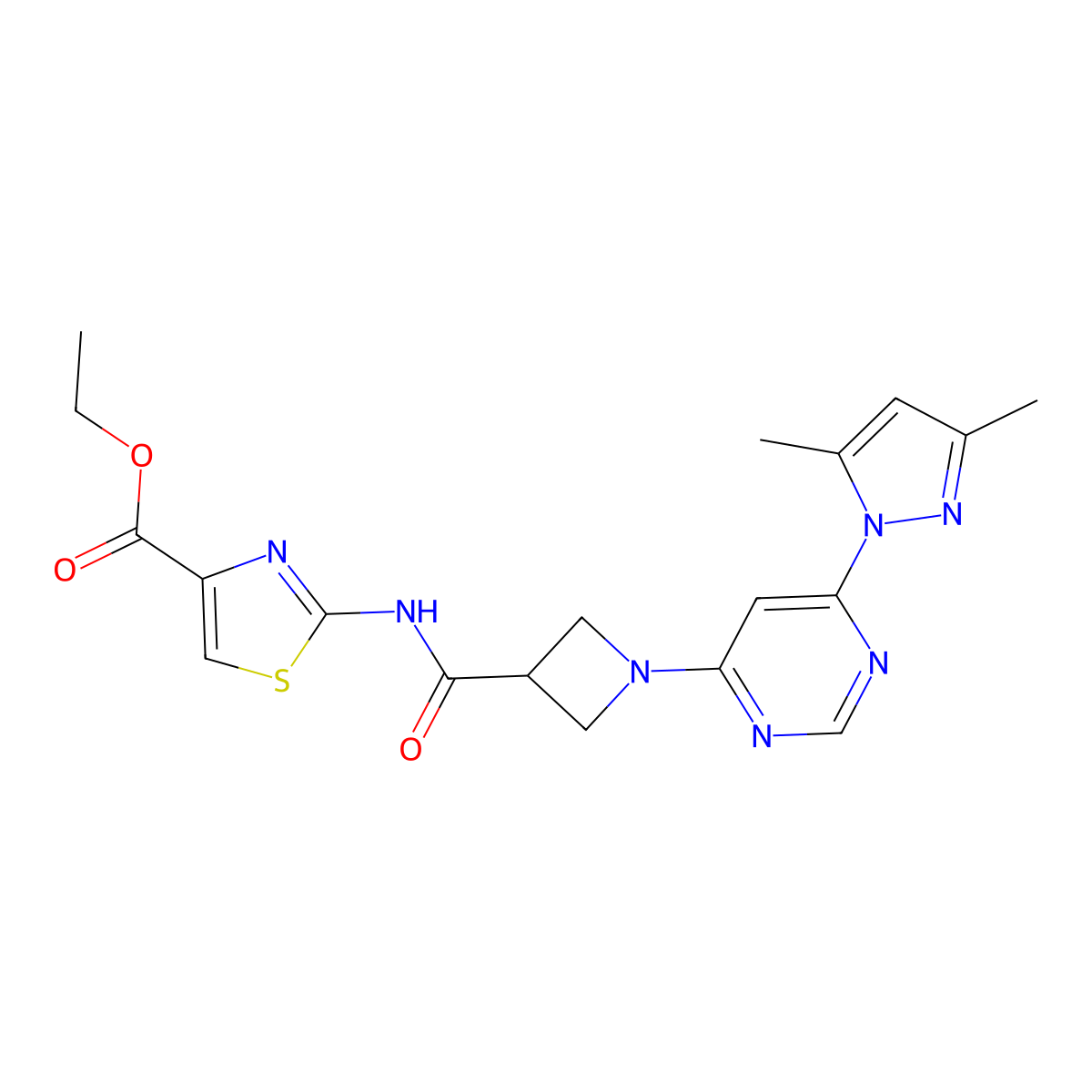 ethyl 2-(1-(6-(3,5-dimethyl-1H-pyrazol-1-yl)pyrimidin-4-yl)azetidine-3-carboxamido)thiazole-4-carboxylate molecular structure, CAS 2034232-32-9