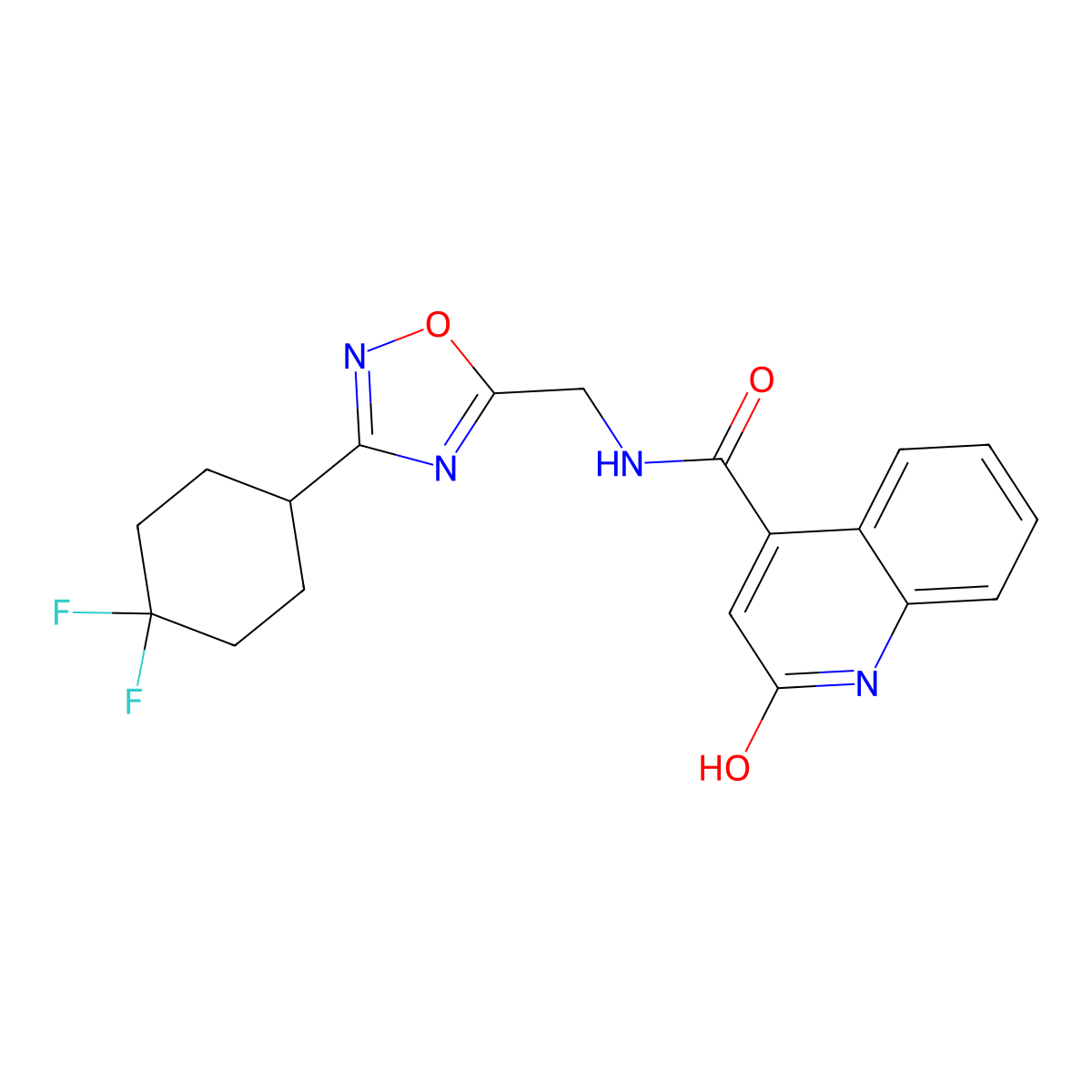 N-((3-(4,4-difluorocyclohexyl)-1,2,4-oxadiazol-5-yl)methyl)-2-hydroxyquinoline-4-carboxamide molecular structure, CAS 2034232-39-6