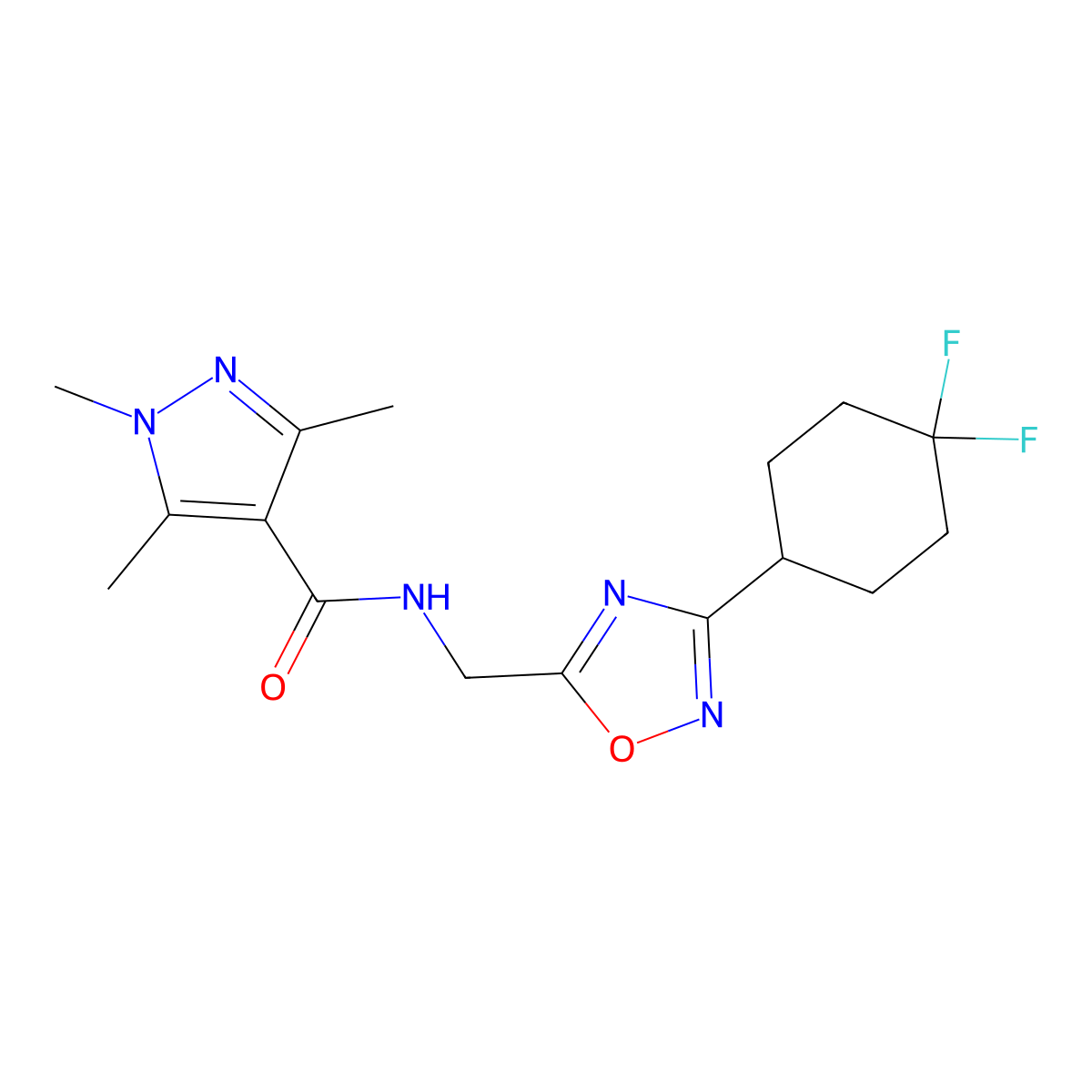 N-{[3-(4,4-difluorocyclohexyl)-1,2,4-oxadiazol-5-yl]methyl}-1,3,5-trimethyl-1H-pyrazole-4-carboxamide molecular structure, CAS 2034232-45-4
