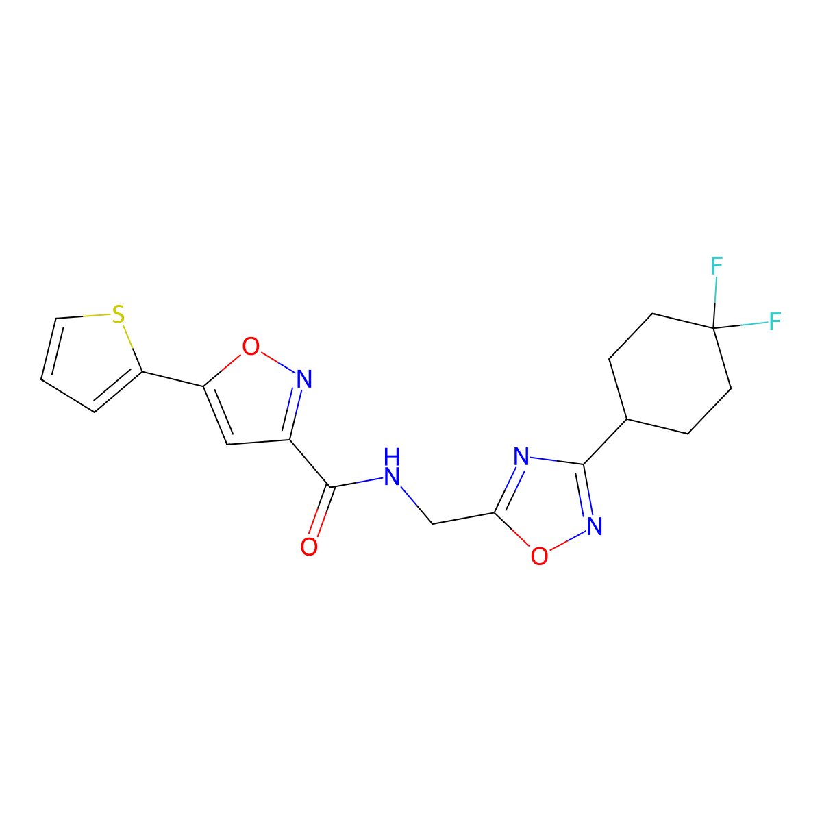 N-((3-(4,4-difluorocyclohexyl)-1,2,4-oxadiazol-5-yl)methyl)-5-(thiophen-2-yl)isoxazole-3-carboxamide molecular structure, CAS 2034232-48-7