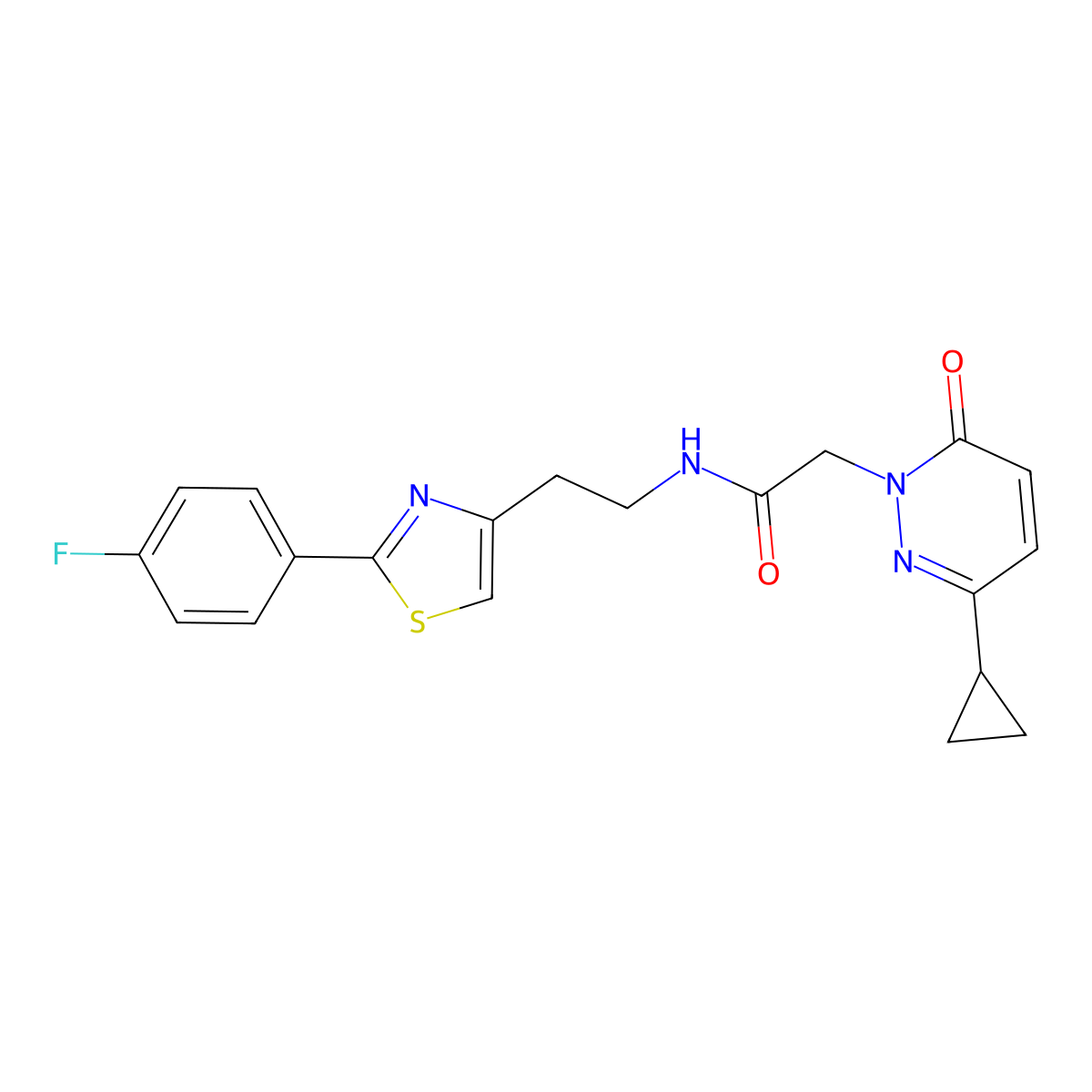 2-(3-cyclopropyl-6-oxopyridazin-1(6H)-yl)-N-(2-(2-(4-fluorophenyl)thiazol-4-yl)ethyl)acetamide molecular structure, CAS 2034232-60-3