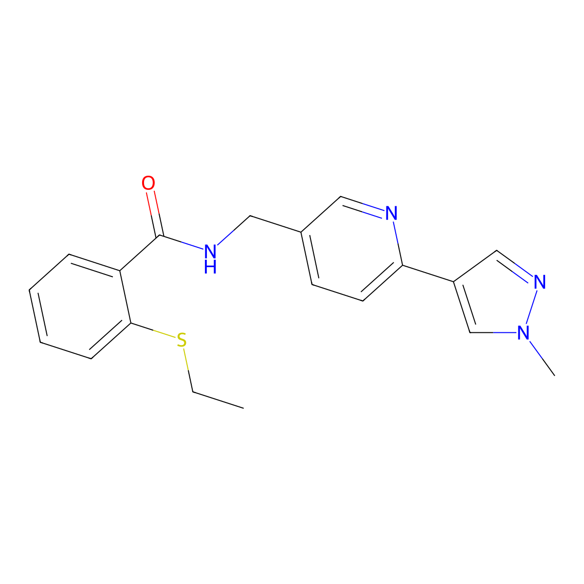 2-(ethylthio)-N-((6-(1-methyl-1H-pyrazol-4-yl)pyridin-3-yl)methyl)benzamide molecular structure, CAS 2034232-64-7