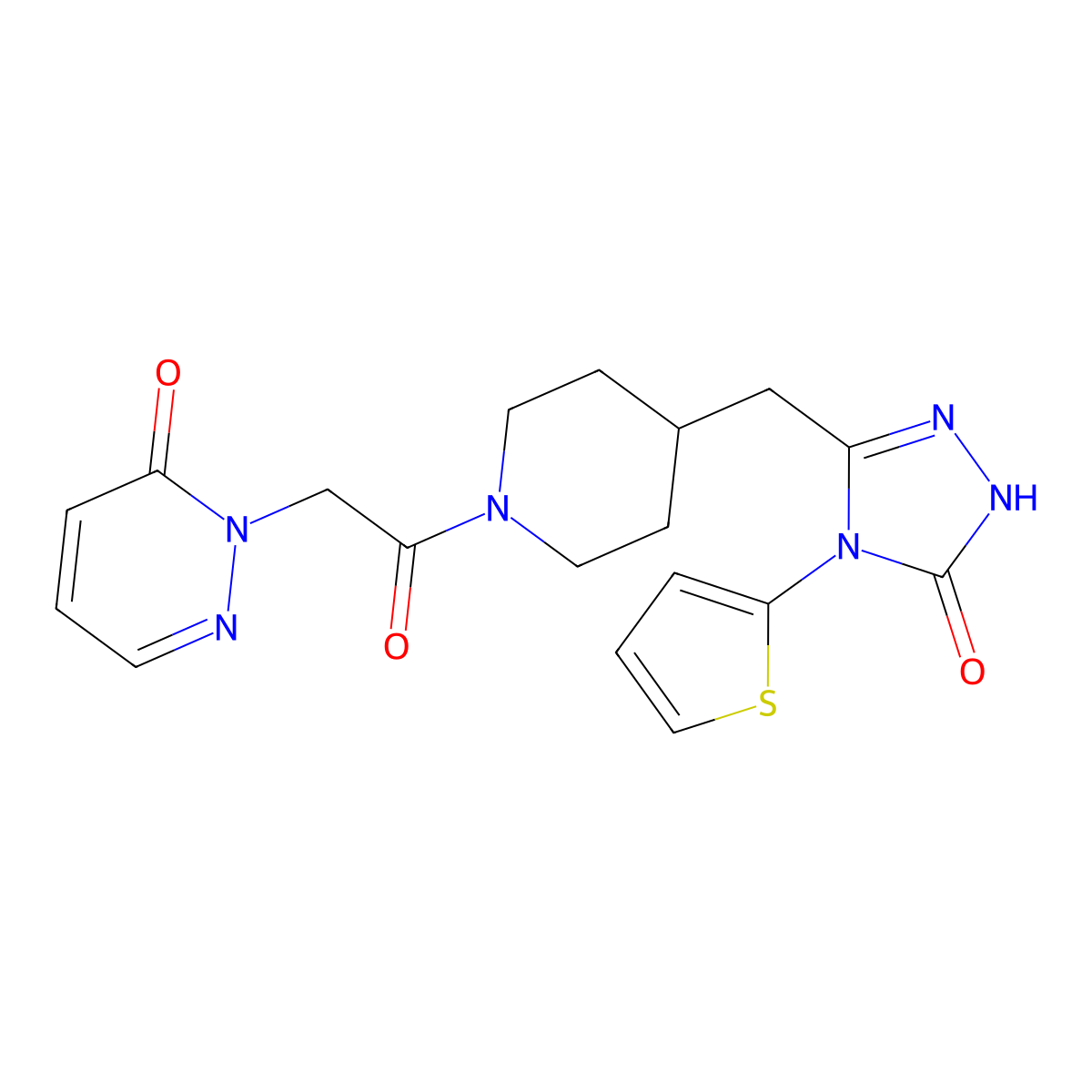 2-(2-oxo-2-(4-((5-oxo-4-(thiophen-2-yl)-4,5-dihydro-1H-1,2,4-triazol-3-yl)methyl)piperidin-1-yl)ethyl)pyridazin-3(2H)-one molecular structure, CAS 2034232-65-8