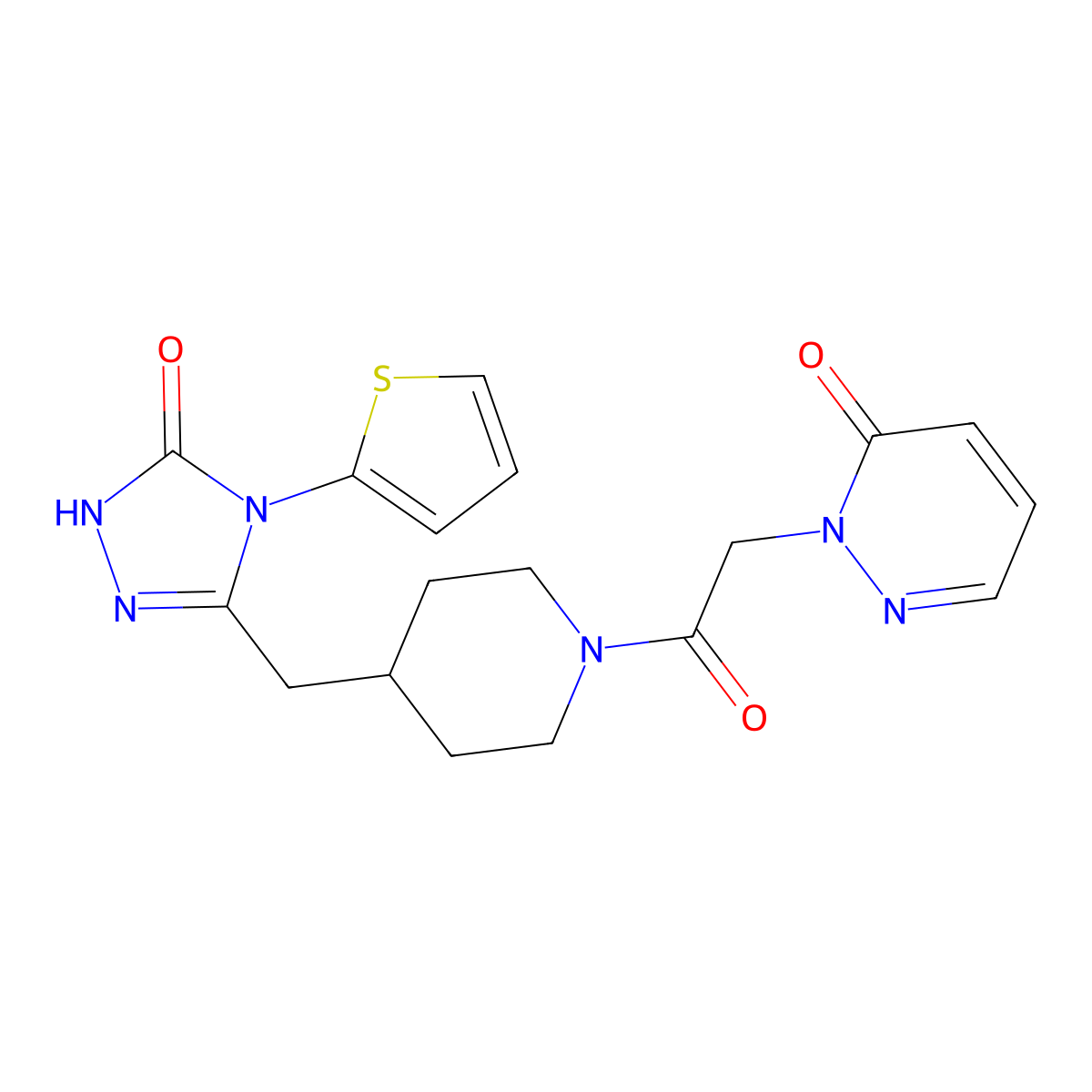 2-(2-oxo-2-(4-((5-oxo-4-(thiophen-2-yl)-4,5-dihydro-1H-1,2,4-triazol-3-yl)methyl)piperidin-1-yl)ethyl)pyridazin-3(2H)-one molecular structure, CAS 2034232-65-8