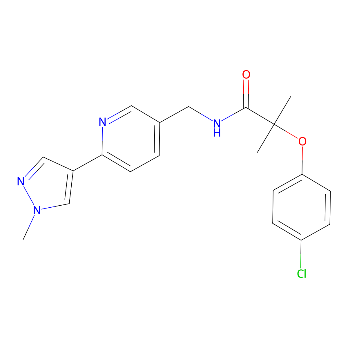 2-(4-chlorophenoxy)-2-methyl-N-((6-(1-methyl-1H-pyrazol-4-yl)pyridin-3-yl)methyl)propanamide molecular structure, CAS 2034232-69-2