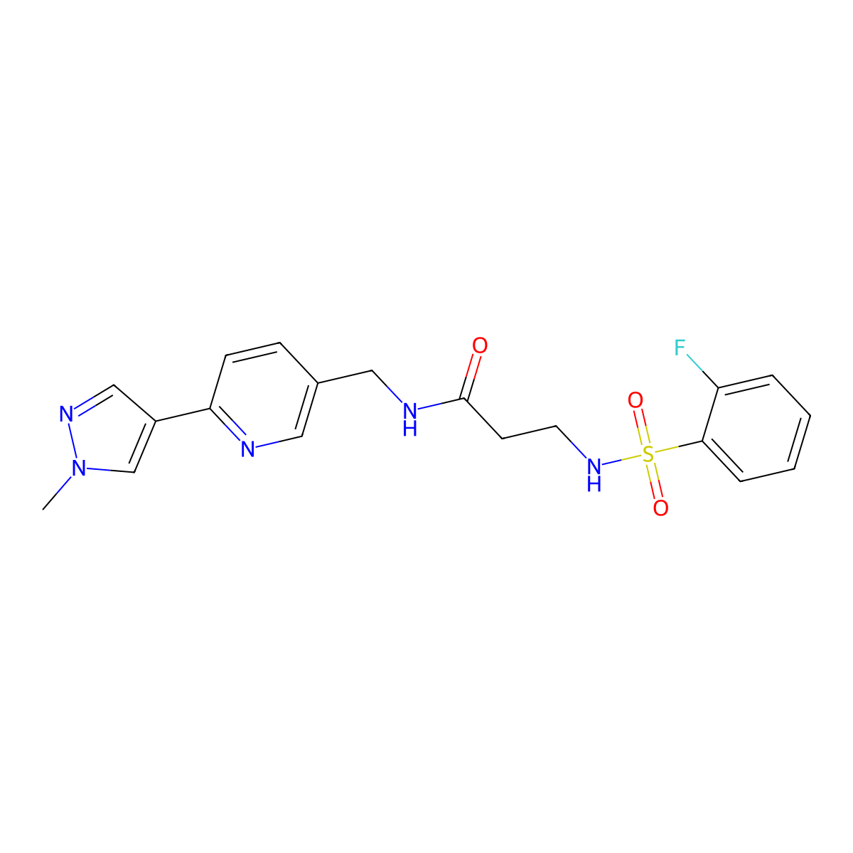 3-(2-fluorophenylsulfonamido)-N-((6-(1-methyl-1H-pyrazol-4-yl)pyridin-3-yl)methyl)propanamide molecular structure, CAS 2034232-73-8