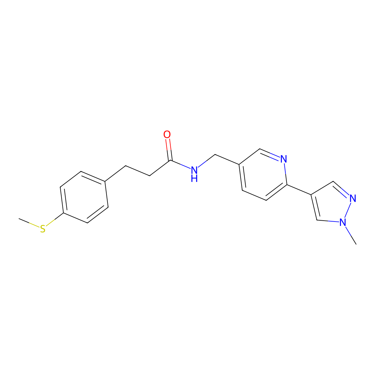 N-((6-(1-methyl-1H-pyrazol-4-yl)pyridin-3-yl)methyl)-3-(4-(methylthio)phenyl)propanamide molecular structure, CAS 2034232-79-4