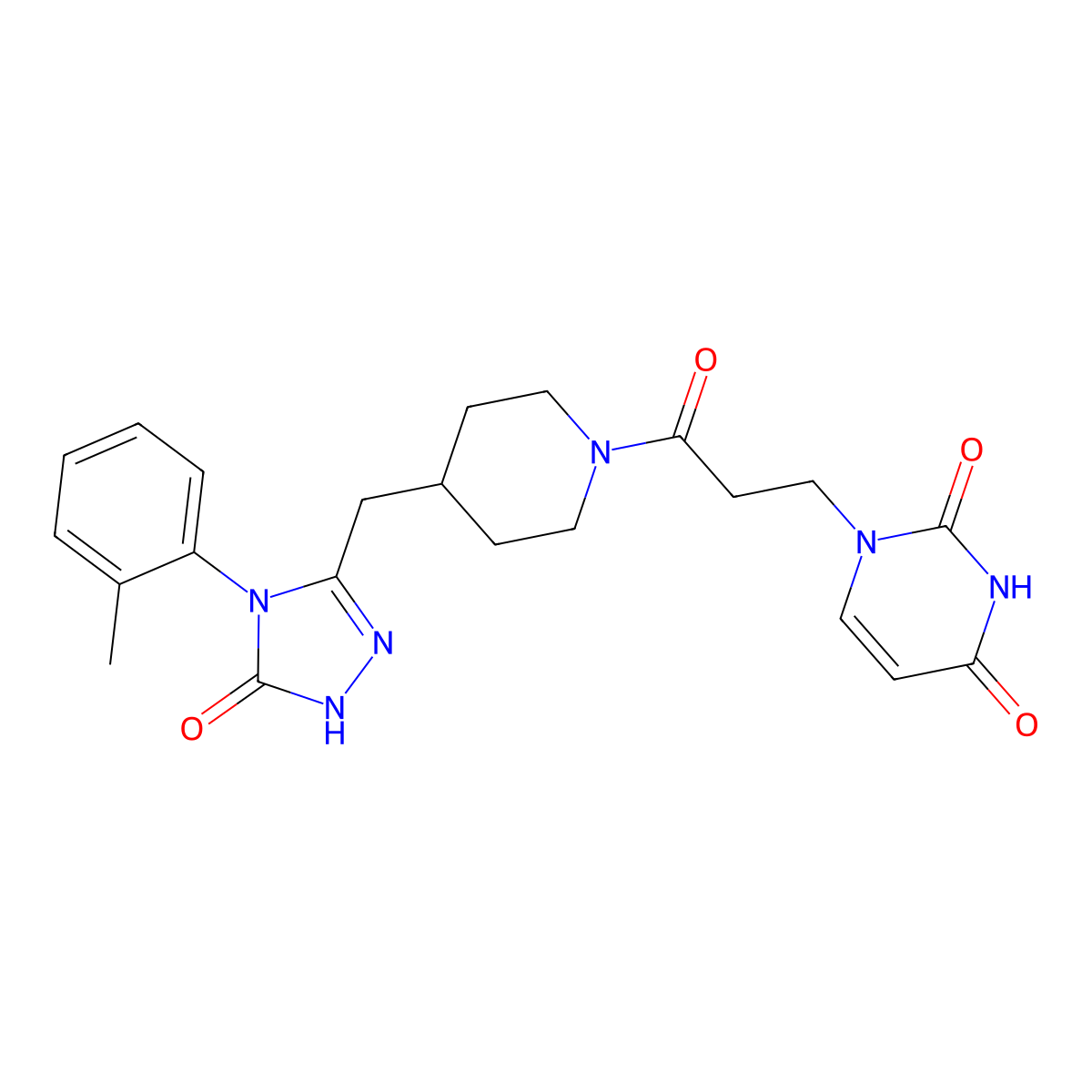 1-(3-oxo-3-(4-((5-oxo-4-(o-tolyl)-4,5-dihydro-1H-1,2,4-triazol-3-yl)methyl)piperidin-1-yl)propyl)pyrimidine-2,4(1H,3H)-dione molecular structure, CAS 2034232-82-9