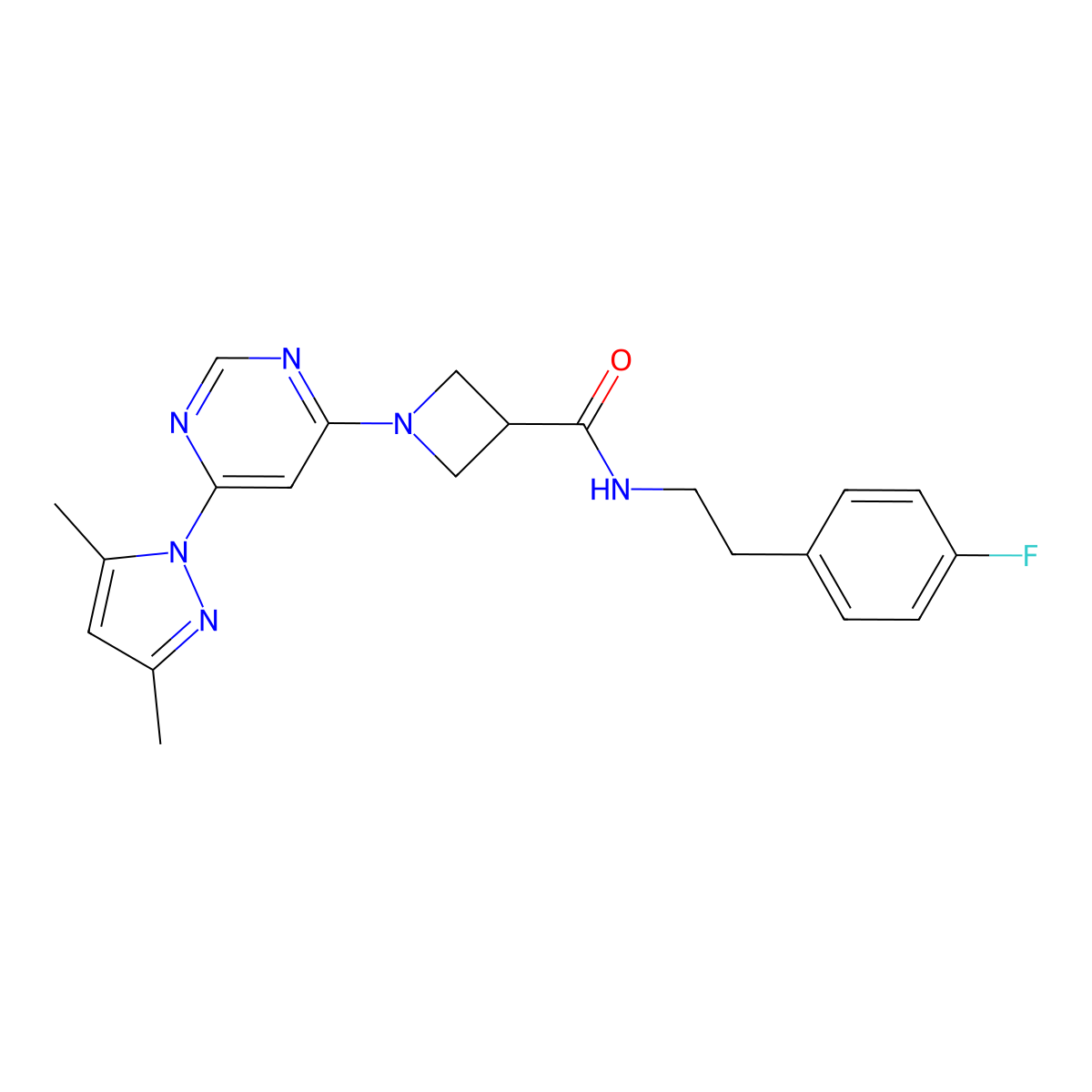 1-(6-(3,5-dimethyl-1H-pyrazol-1-yl)pyrimidin-4-yl)-N-(4-fluorophenethyl)azetidine-3-carboxamide molecular structure, CAS 2034232-87-4